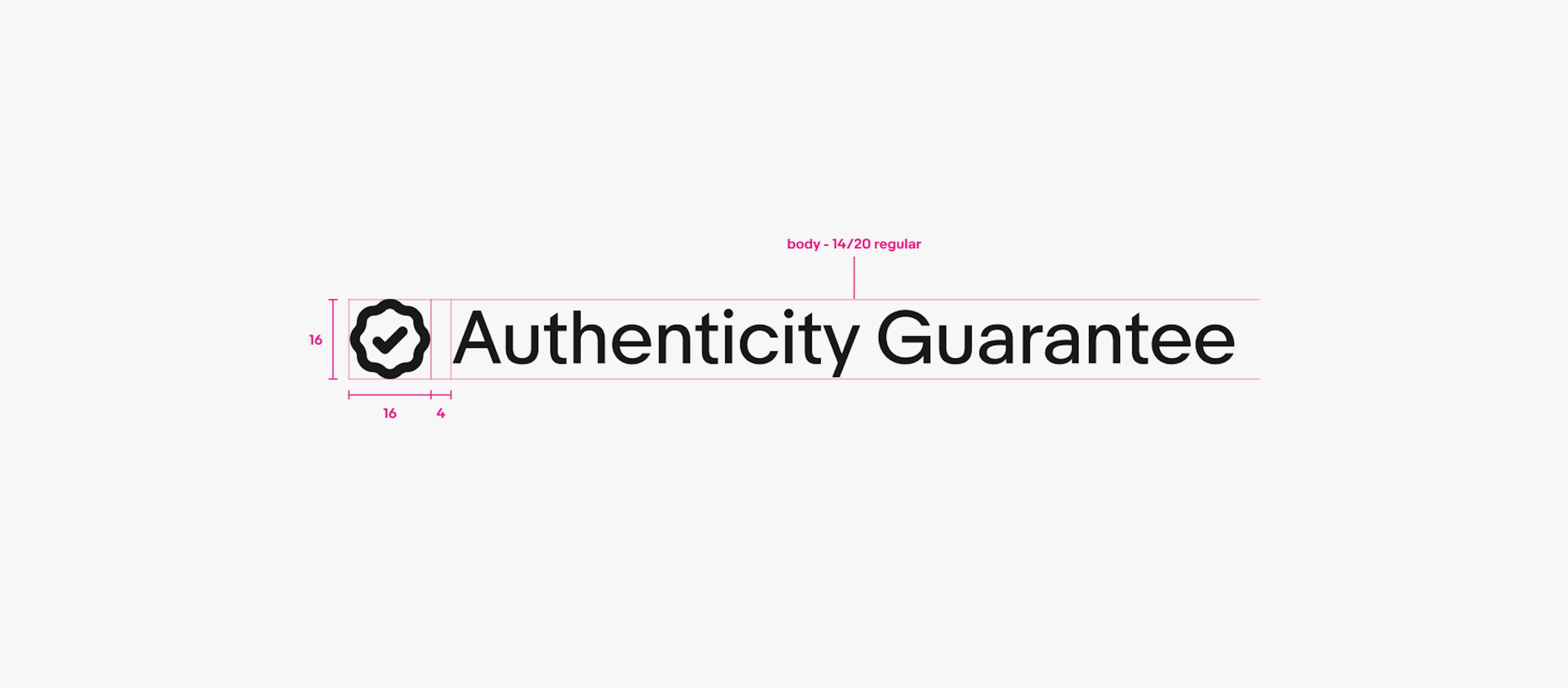 A detailed spec of a 16px single line program badge lockup. From left to right is a 16px icon, 6px of space, and text using the body - 14/20 regular text style.