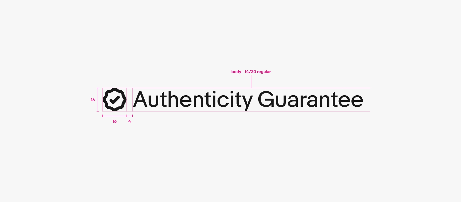 A detailed spec of a 16px single line program badge lockup. From left to right is a 16px icon, 6px of space, and text using the body - 14/20 regular text style.