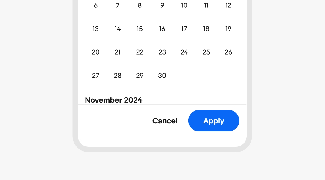A borderless button in context in the footer of a fullscreen date picker with a title of “Cancel”.