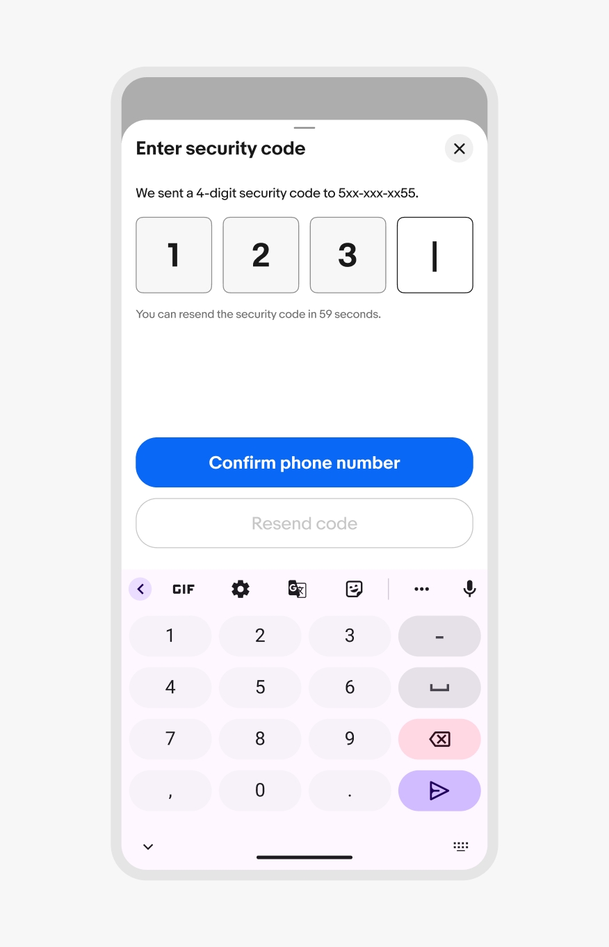A bottom sheet showcases the Android number keyboard.