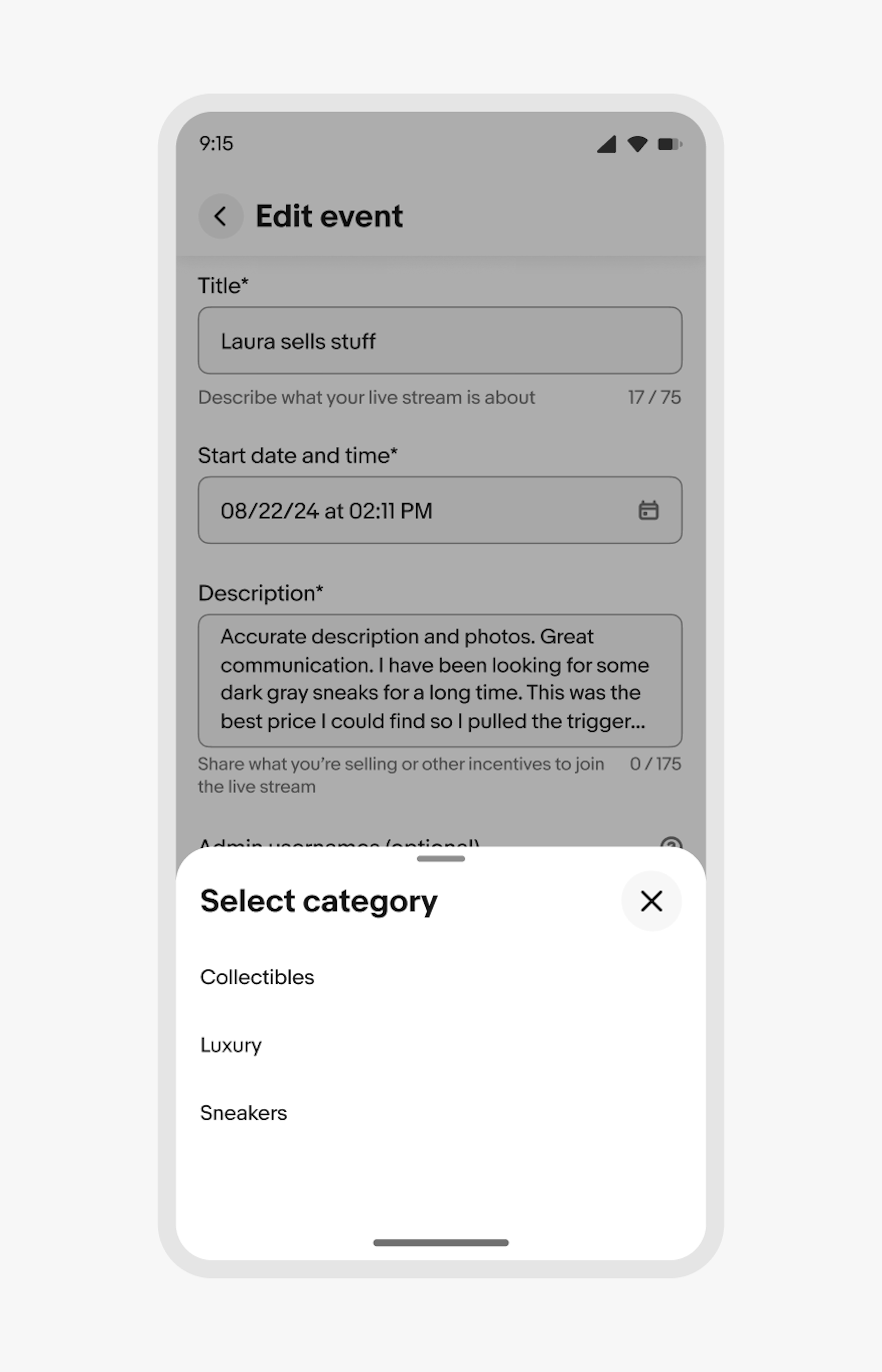 A modal bottom sheet is shown with single select for selecting a category.