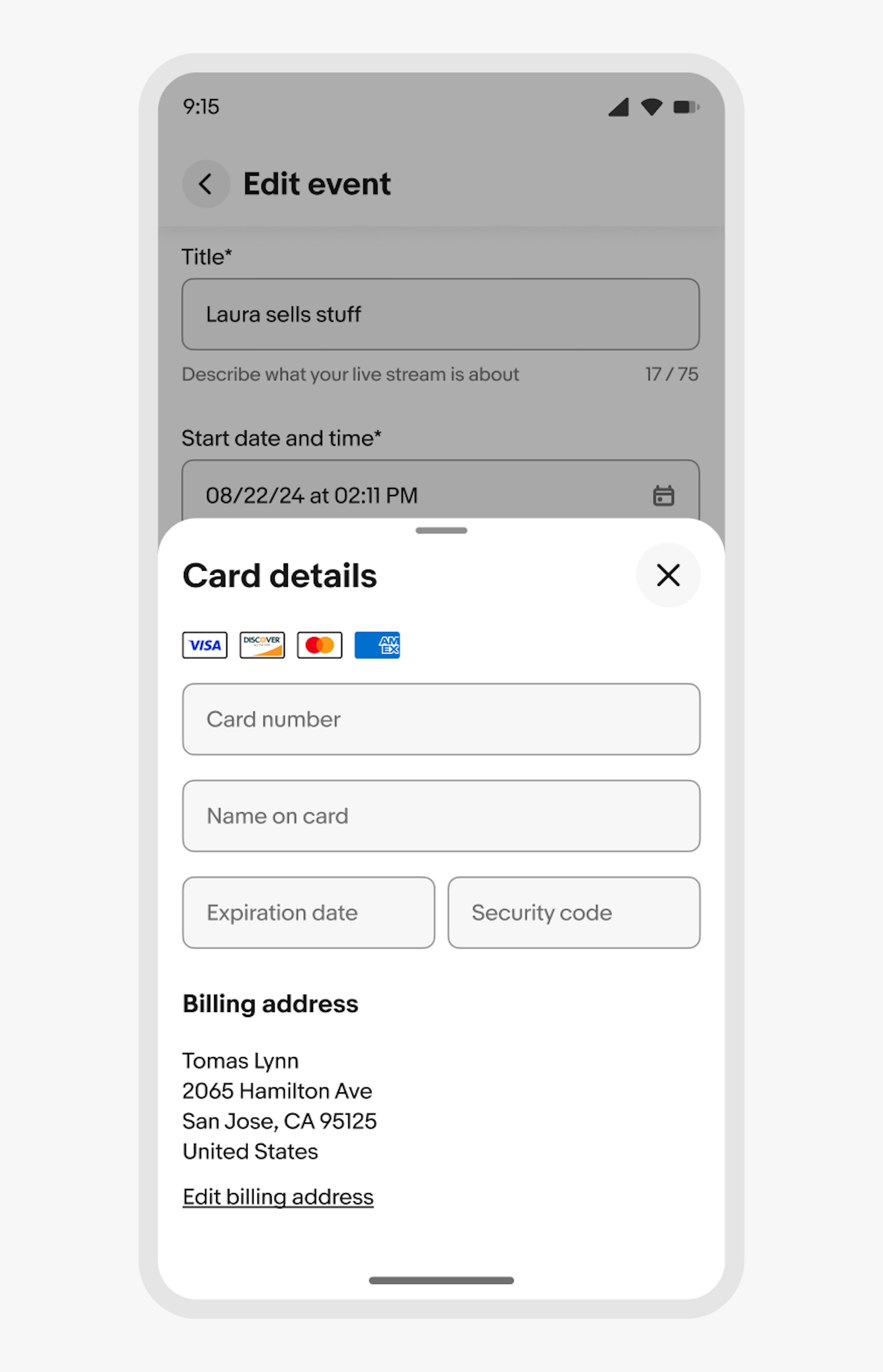 A bottom sheet containing a category selector is taking up 30% of the mobile screen height.