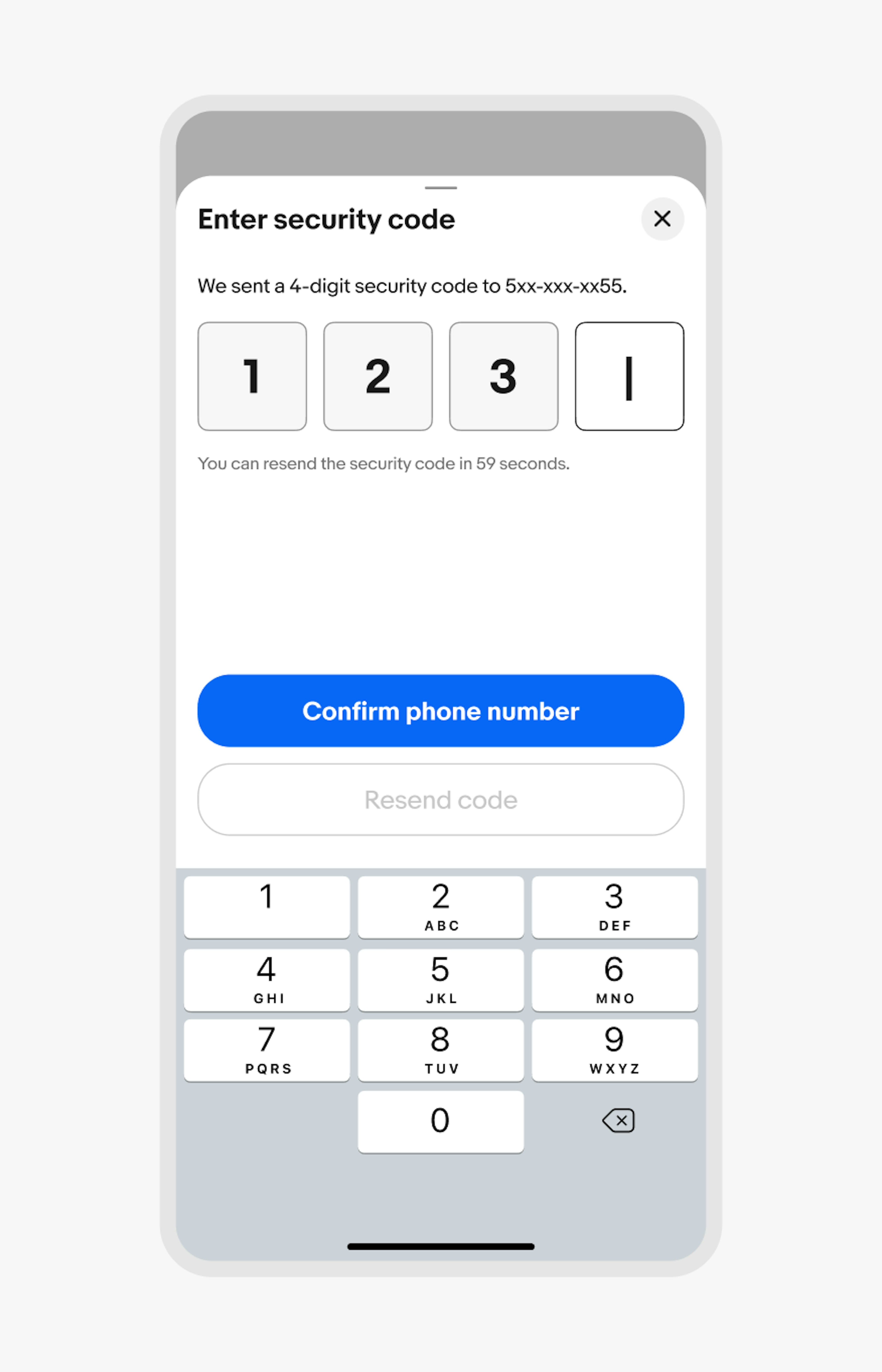 A bottom sheet showcases the iOS number keyboard.
