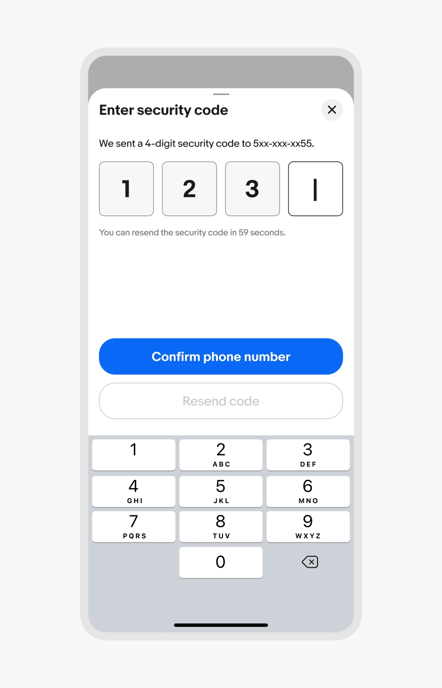 A bottom sheet showcases the iOS number keyboard.