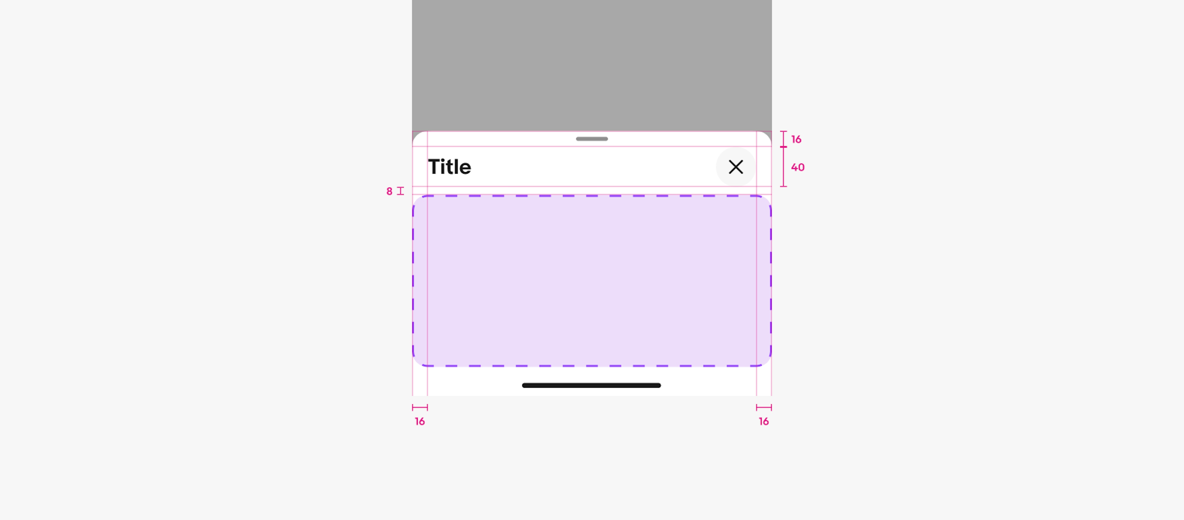 A bottom sheet with specs is shown. The top padding of the container is 8px, the left and right padding of the container is 16px. There is a 32px close action and the title is middle-aligned with the button.