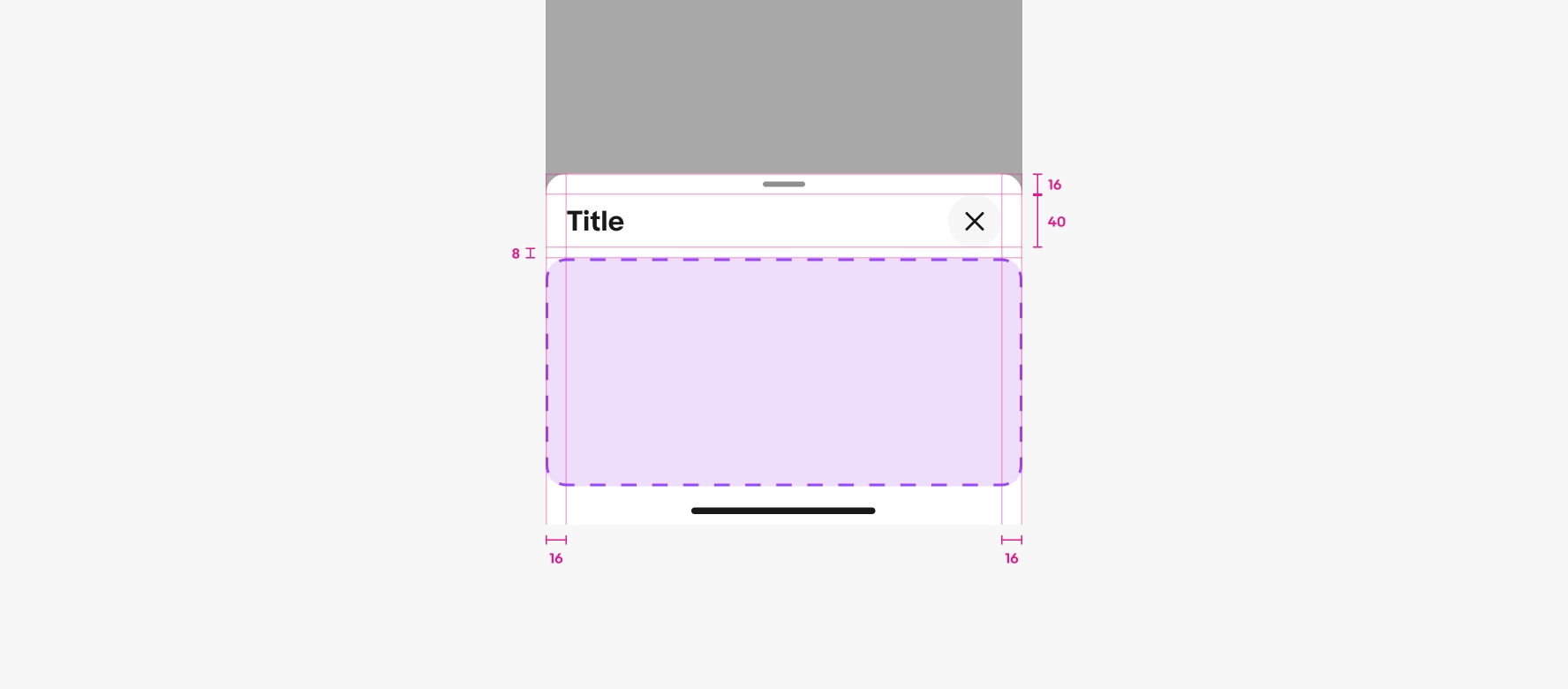 A bottom sheet with specs is shown. The top padding of the container is 8px, the left and right padding of the container is 16px. There is a 32px close action and the title is middle-aligned with the button.