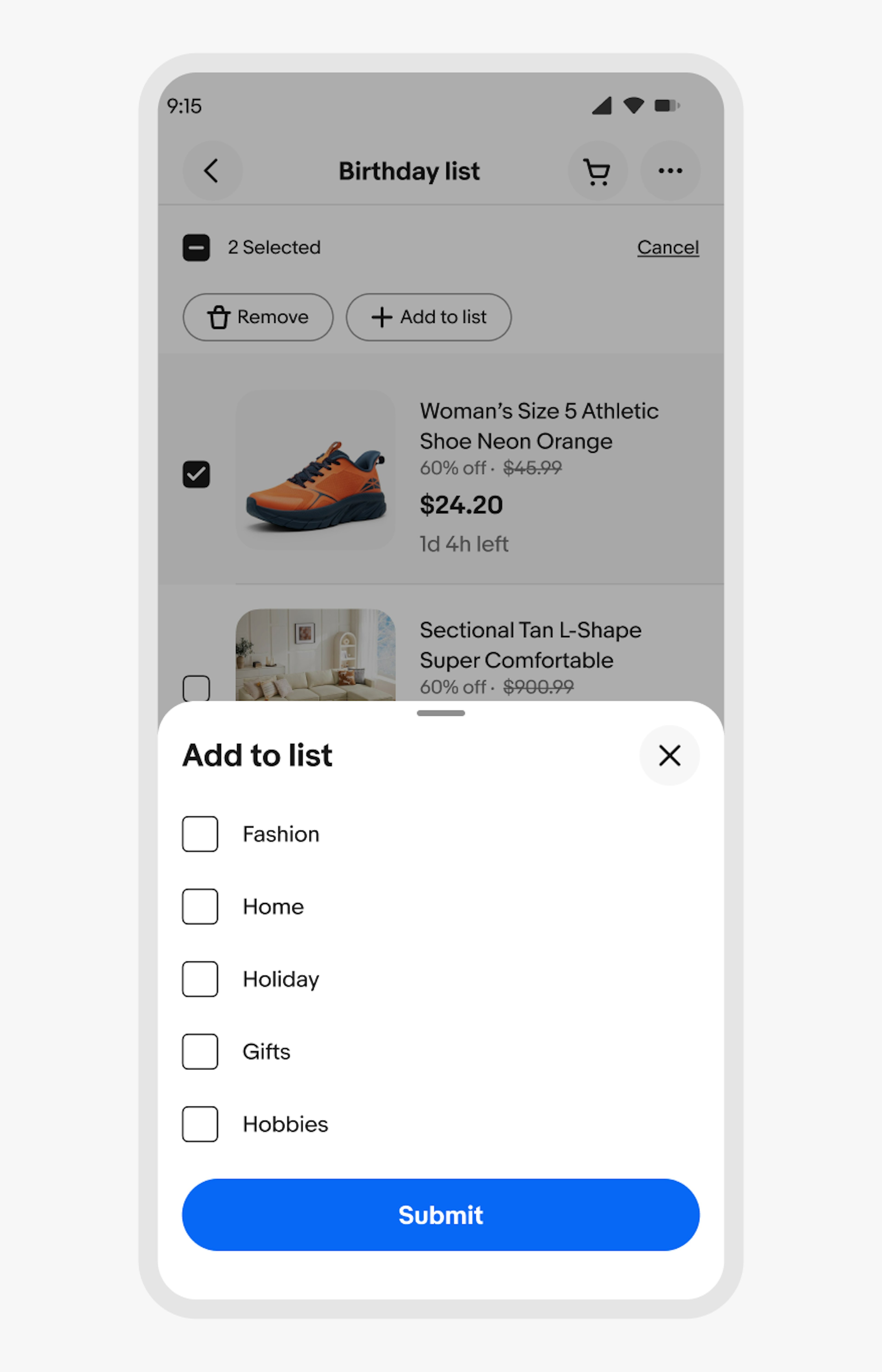 A bottom sheet spanning 50% of the page height contains a Choose list menu. The options shown are Mom’s birthday, New apartment, Second list, and Chef approved cooking supplies.