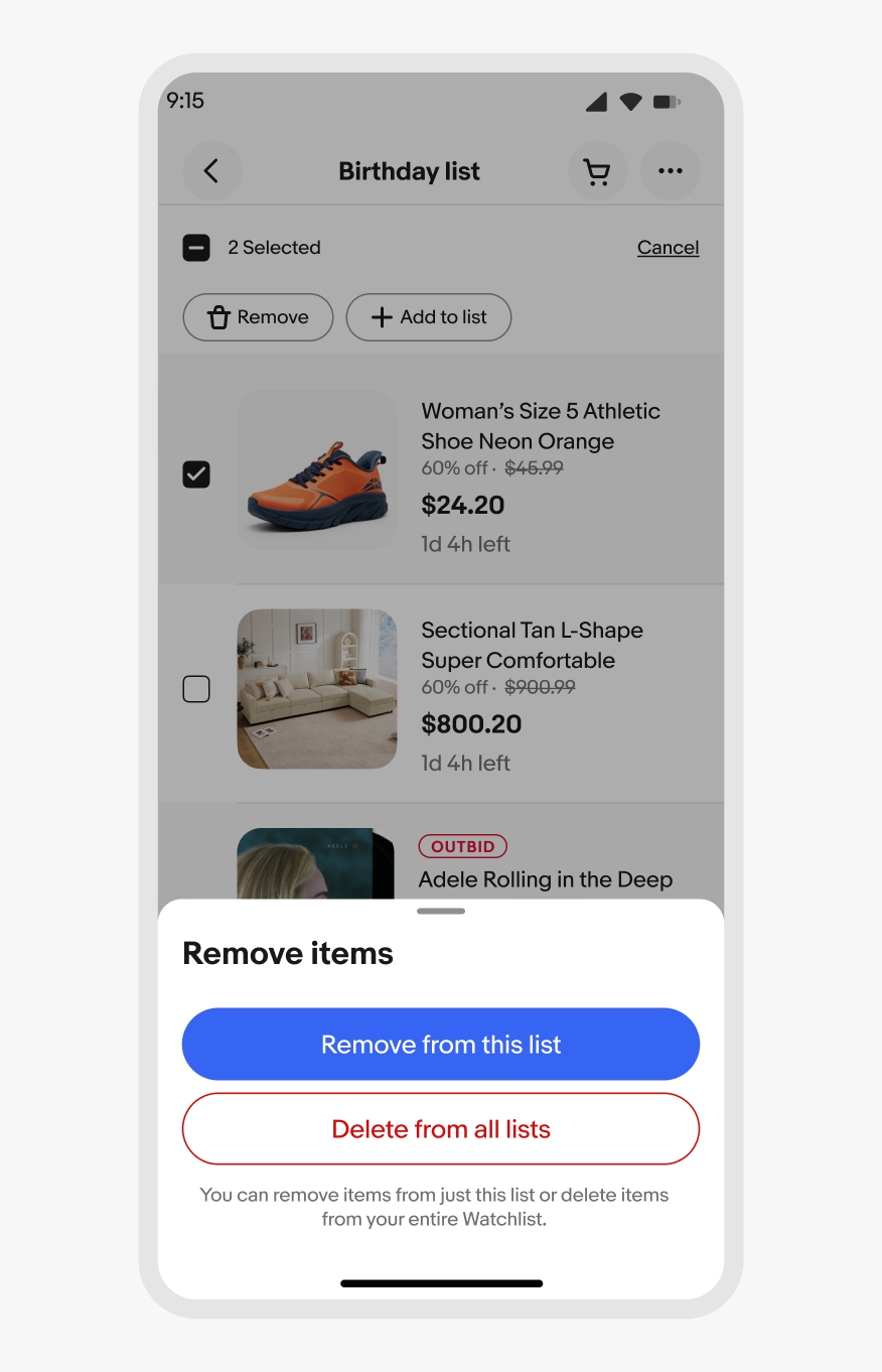 A bottom sheet spanning 50% of the page height contains a Remove items decision menu. A ‘Remove from this list’ Primary CTA sits above a ‘Delete from all lists’ destructive CTA.