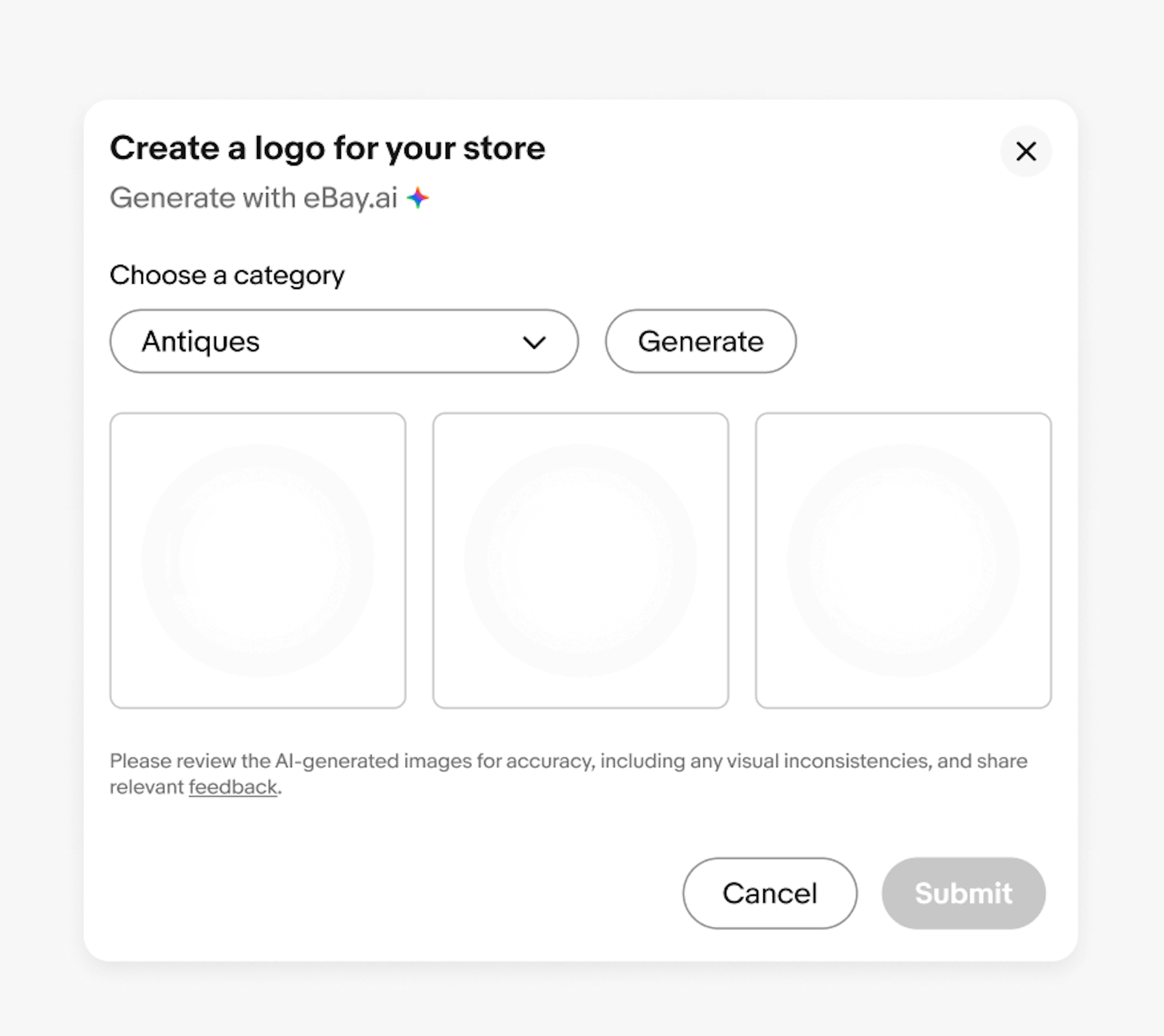 “Don’t” example showing a modal to “Create a logo for your store” with a label that says, “Generate with eBay.ai” next to a spectrum icon and “Generate” button that is text only.