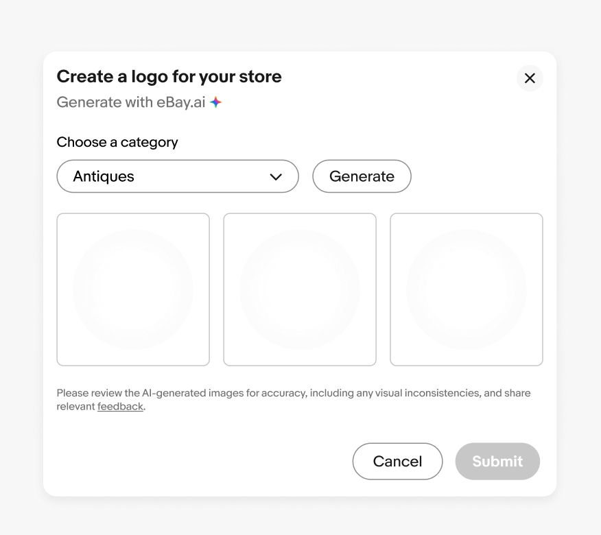 “Don’t” example showing a modal to “Create a logo for your store” with a label that says, “Generate with eBay.ai” next to a spectrum icon and “Generate” button that is text only.