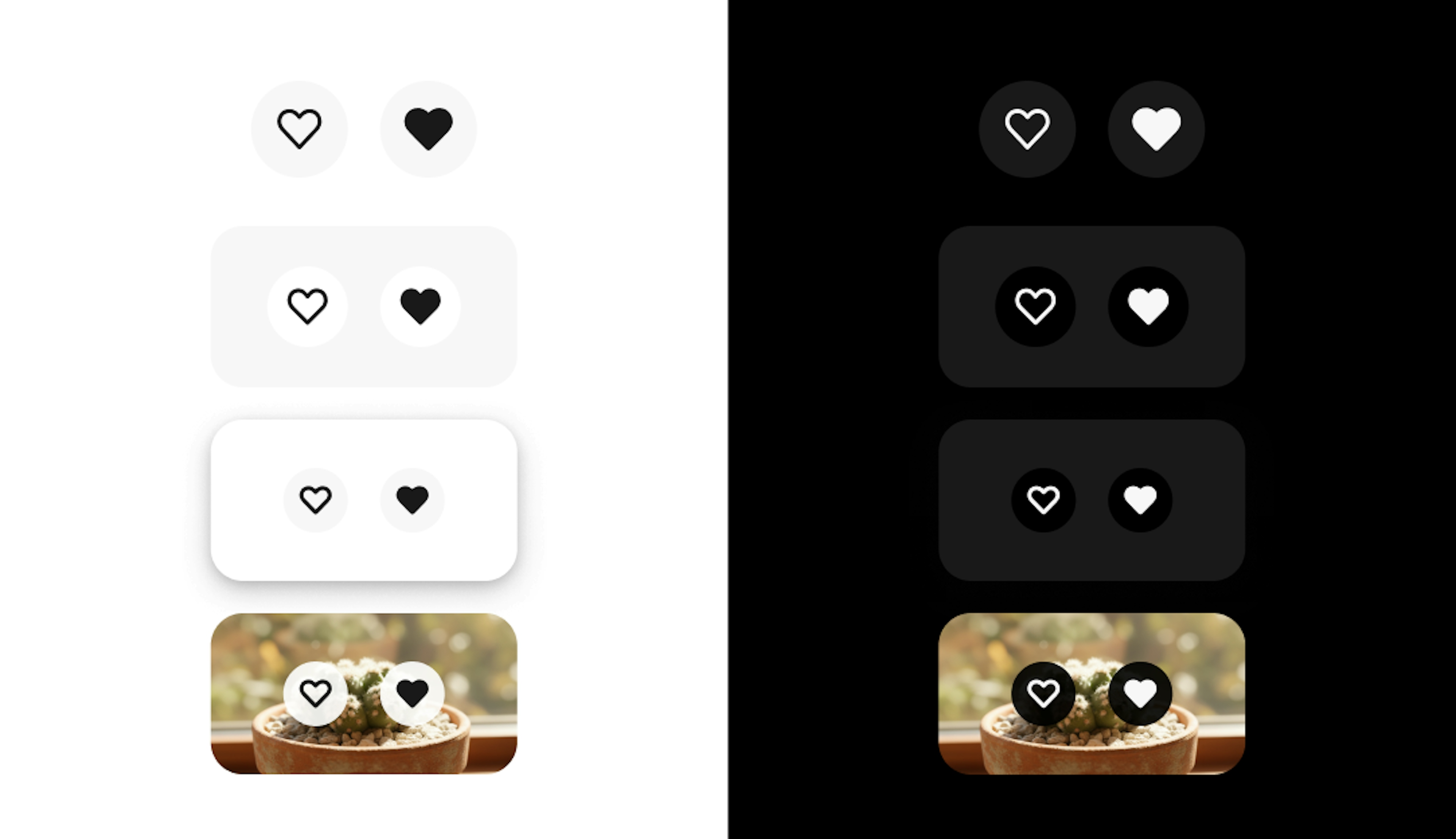 A set of buttons placed on primary, secondary, elevated, and image backgrounds across light and dark modes.