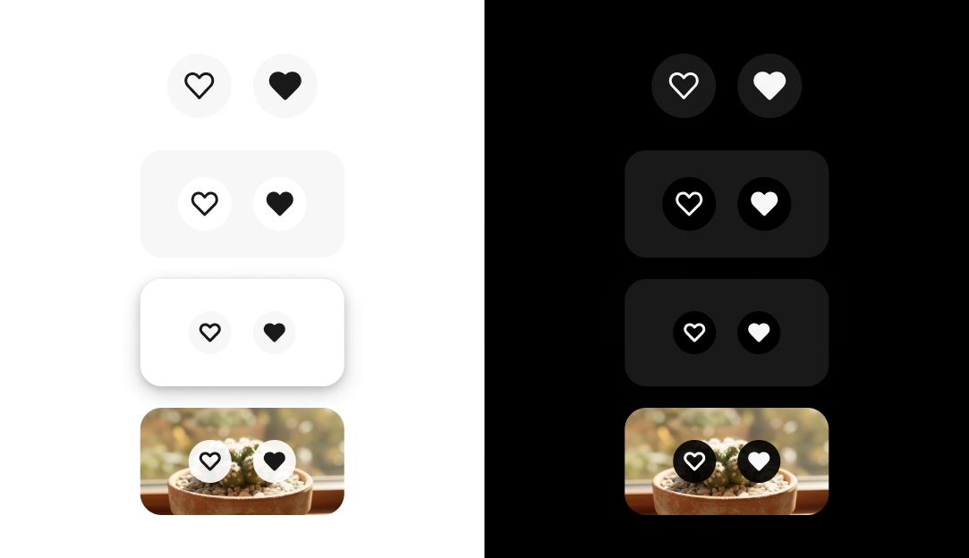 A set of buttons placed on primary, secondary, elevated, and image backgrounds across light and dark modes.