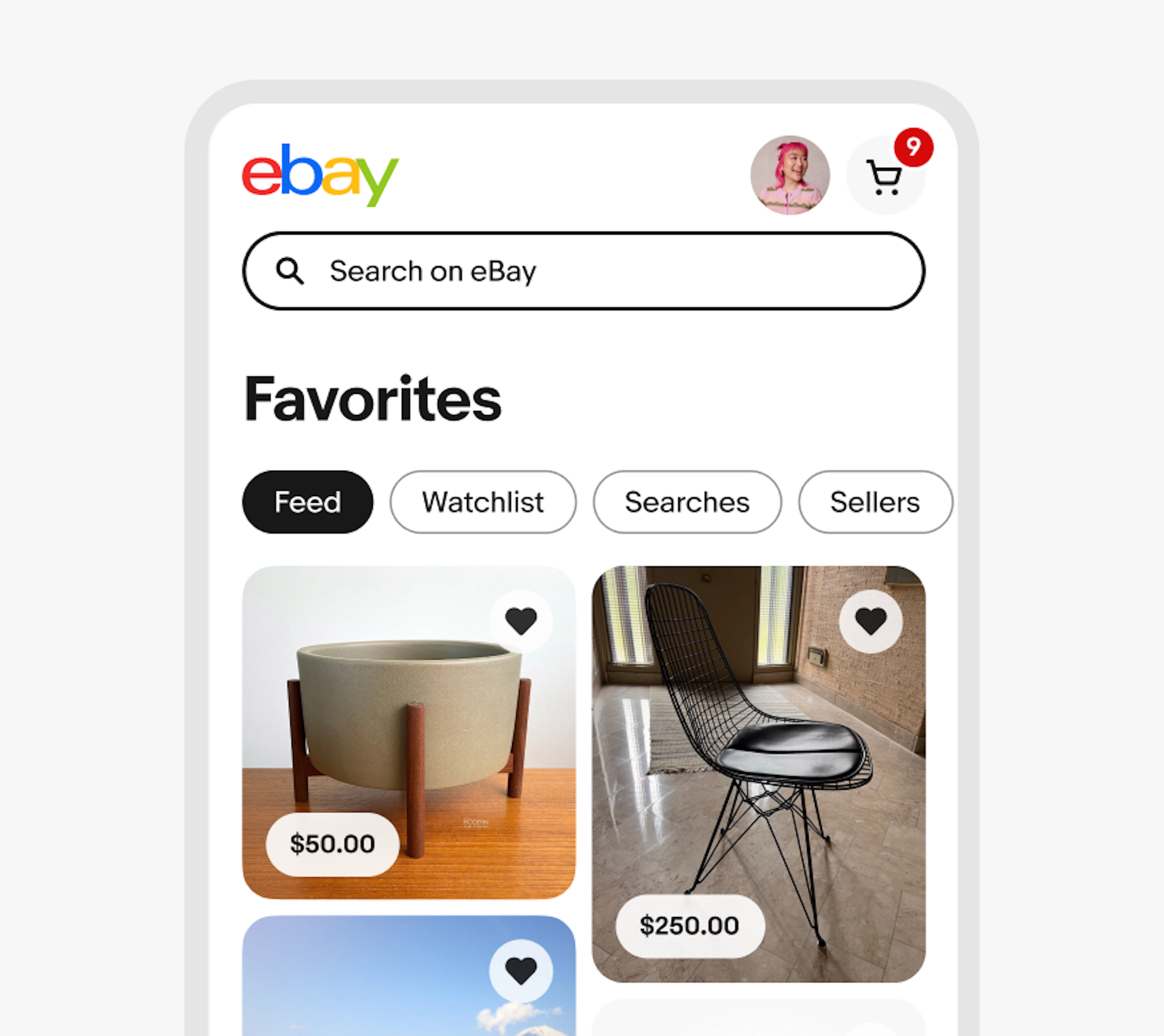 Favorites page on a mobile screen containing several filter chips with one selected labeled: Feed.