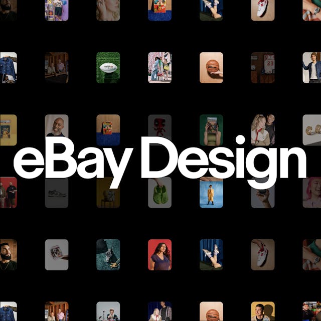 A bold “eBay Design” wordmark centered on a black background, overlaid on a grid of small, colorful image tiles showcasing people, products, and lifestyle moments.