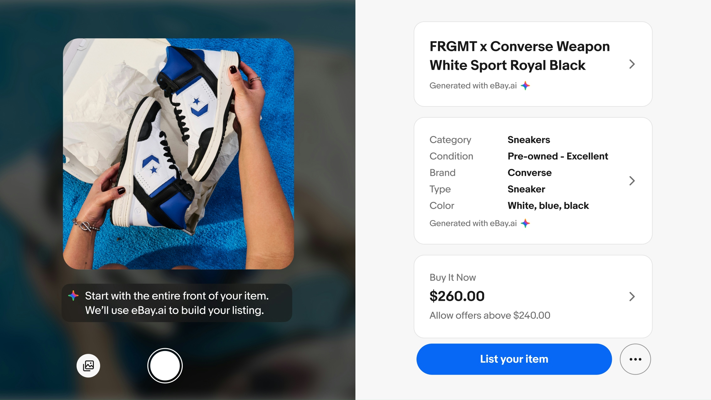 An eBay listing screen showing a photo of Converse sneakers being held, with AI-generated details (title, category, condition, price) and a “List your item” button.