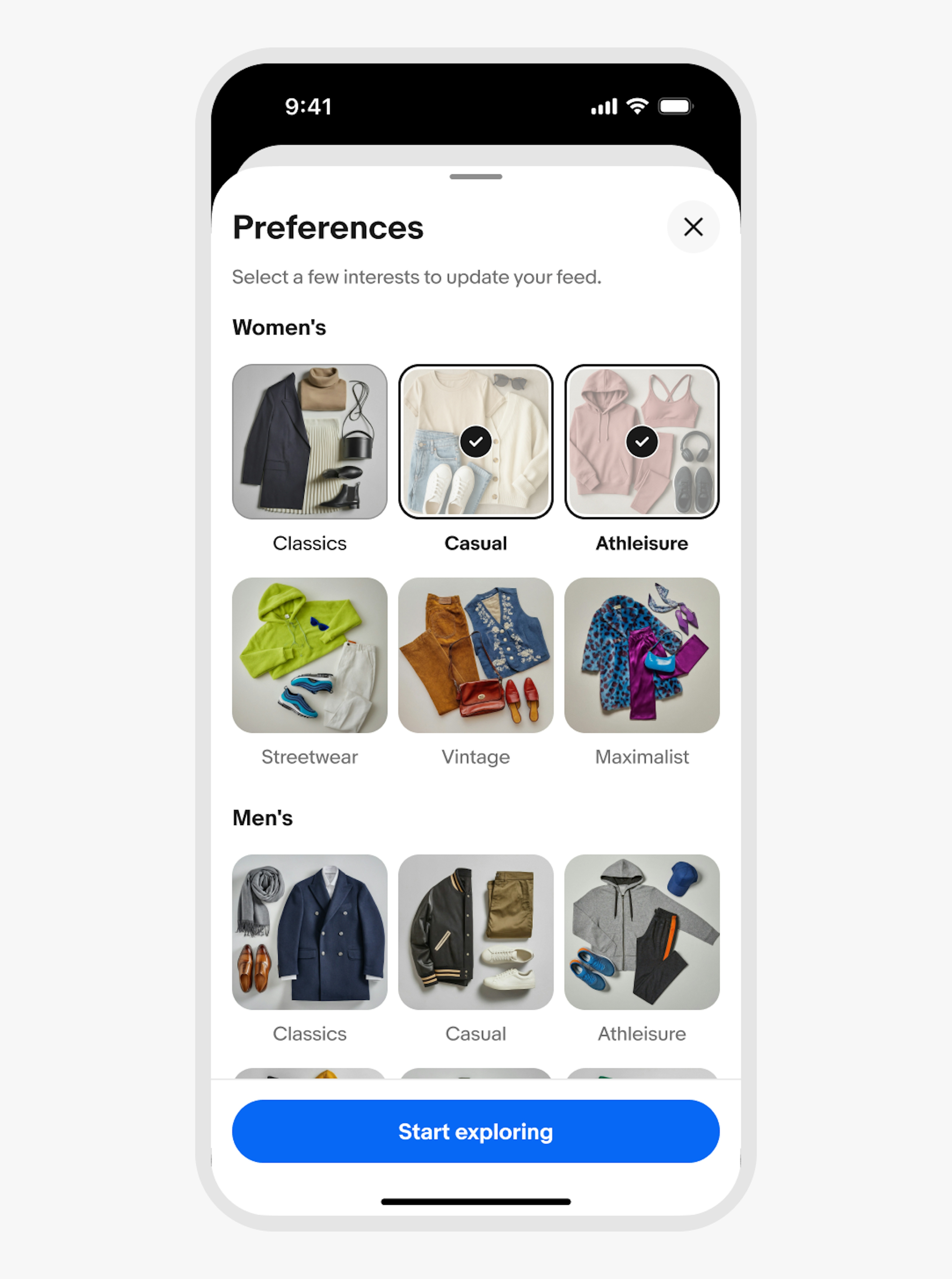 Example of a sheet on iOS expressing iOS-specific styling to the modal stack and sheet corner radius. The content area presents options for clothing preferences.