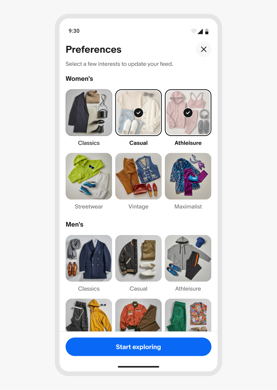 Example of a focus sheet on Android covering the entire screen with no visible stack of sheets behind. The content area presents options for clothing preferences.