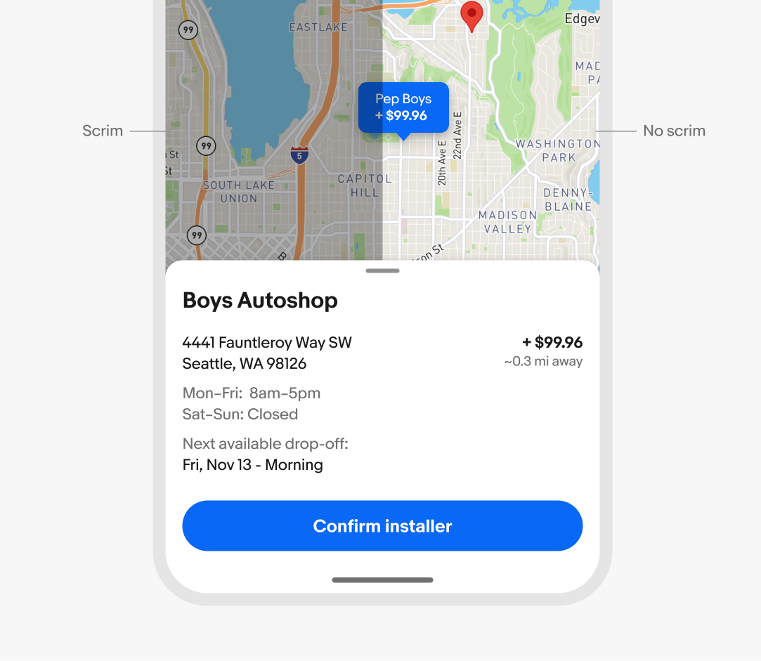 Example of a modal and non-modal sheet over a map. The scrim is visible on the left half of the screen and not visible on the right half.