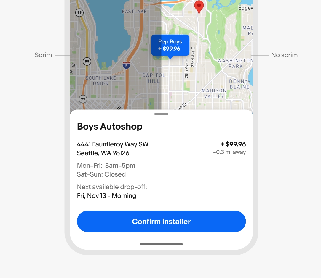 Example of a modal and non-modal sheet over a map. The scrim is visible on the left half of the screen and not visible on the right half.