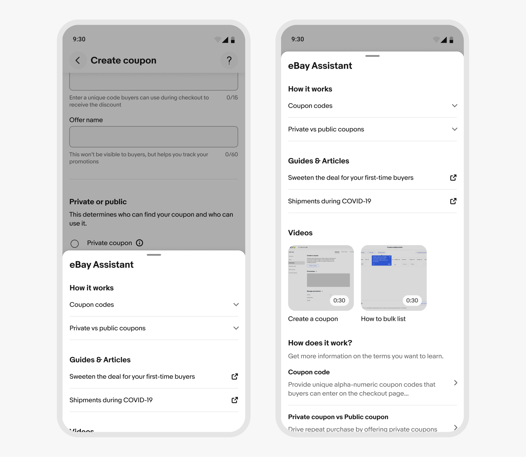 Two examples of sheets open to different heights. The left example shows a partially-open sheet covering the bottom half of the screen. The right example shows the fully-opened sheet covering the screen