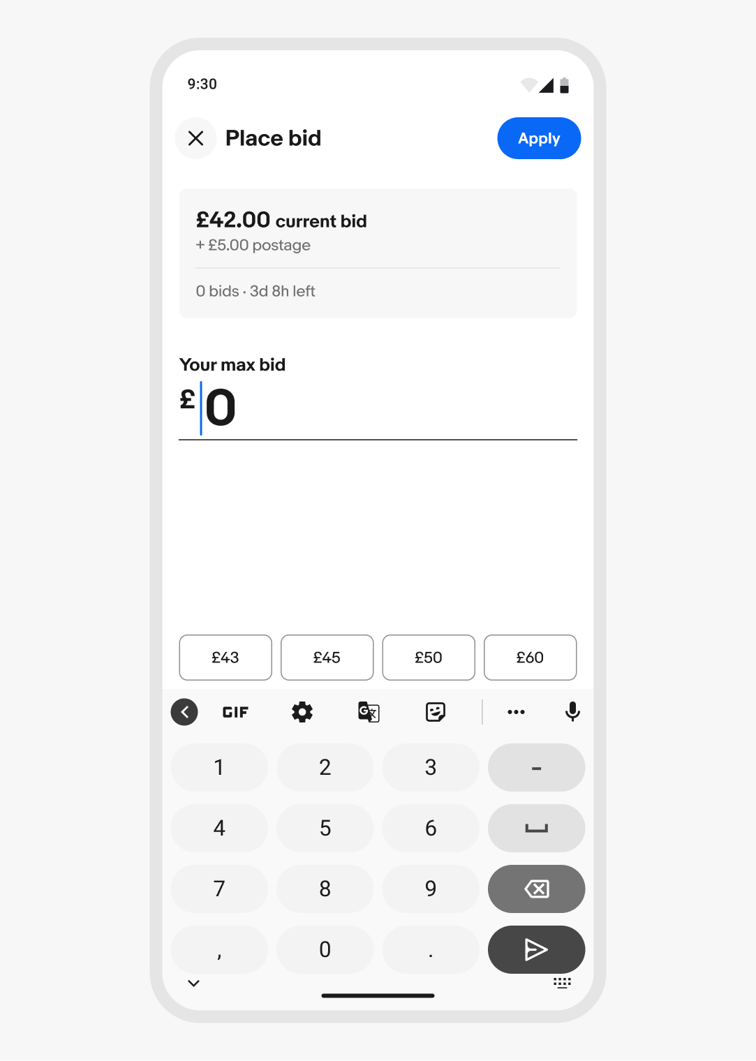 An example of a focus sheet open on Android titled "Place bid". The sheet covers the entire screen and presents an text field for entering a maximum bid price.