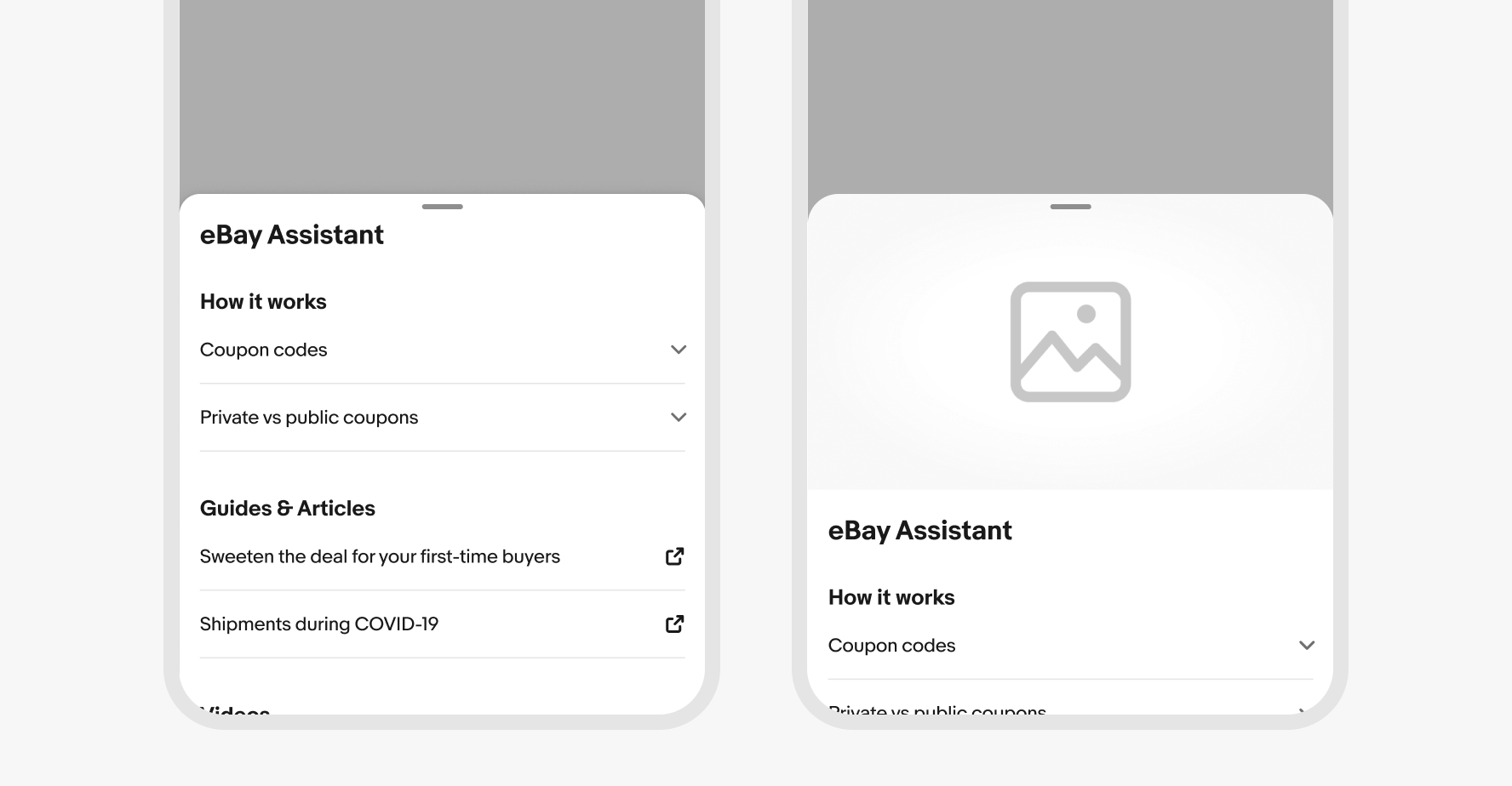 Two examples of sheet top toolbars: The left example shows a standard toolbar with a title and the right example shows a transparent toolbar with a hero image above the title and extending below the toolbar.