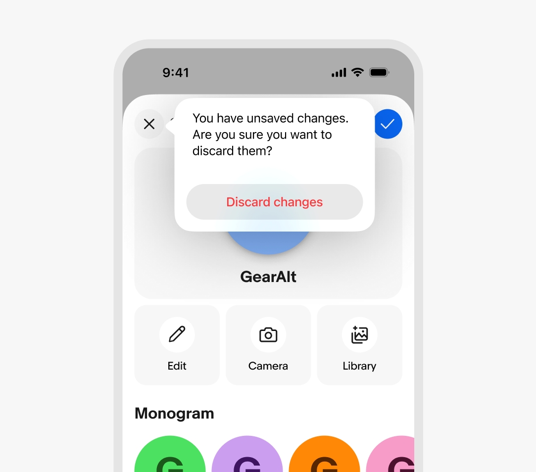 Example of an iOS context sheet presenting a popover from the sheet's close button. The popover warns that there are unsaved changes that will be lost and has a button that discards the unsaved changes.