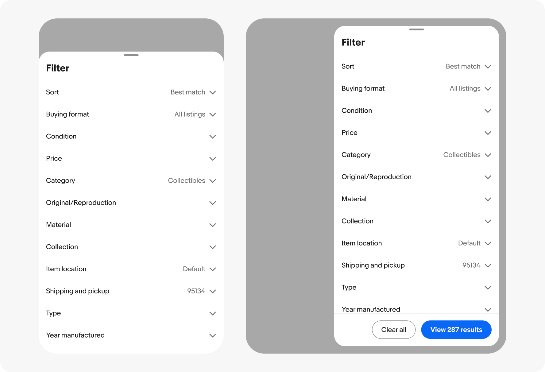 Two examples showing the alignment of a context sheet on small and large screens. Left: a sheet presented from the bottom on a compact screen. Right: Sheet presented from the trailing edge of a tablet.