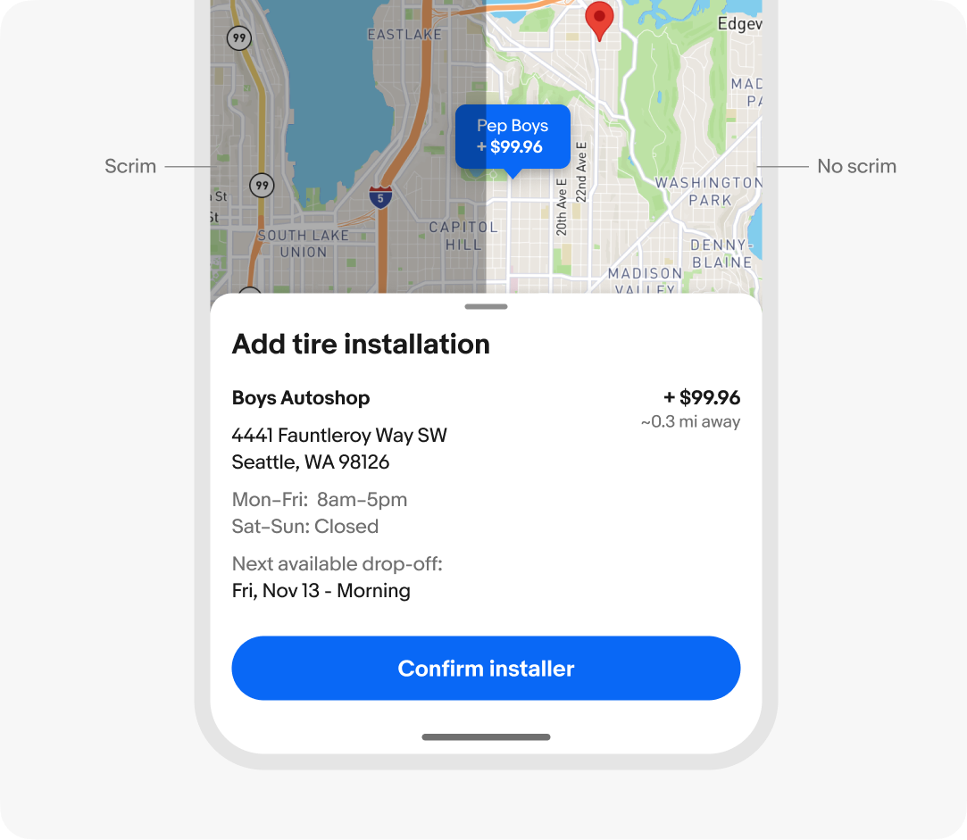 Example of a modal and non-modal sheet over a map. The scrim is visible on the left half of the screen and not visible on the right half.