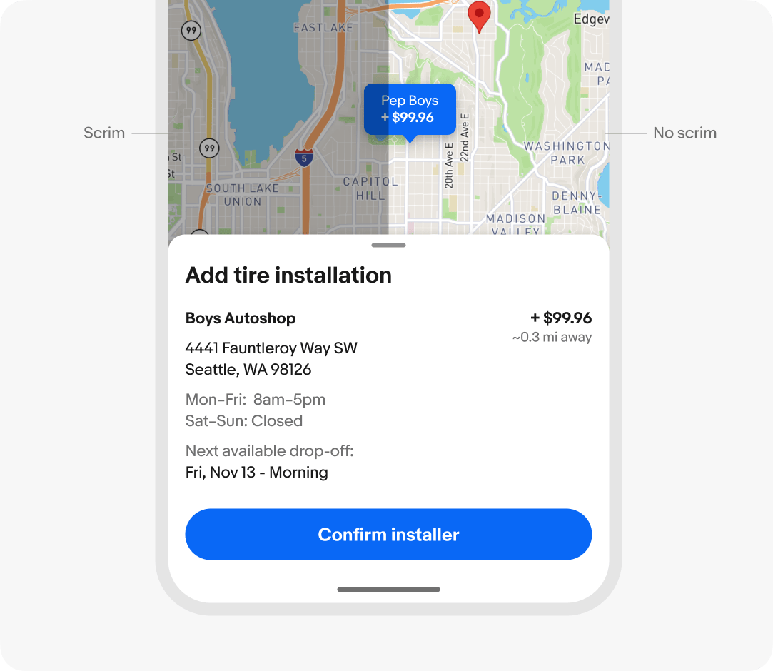 Example of a modal and non-modal sheet over a map. The scrim is visible on the left half of the screen and not visible on the right half.