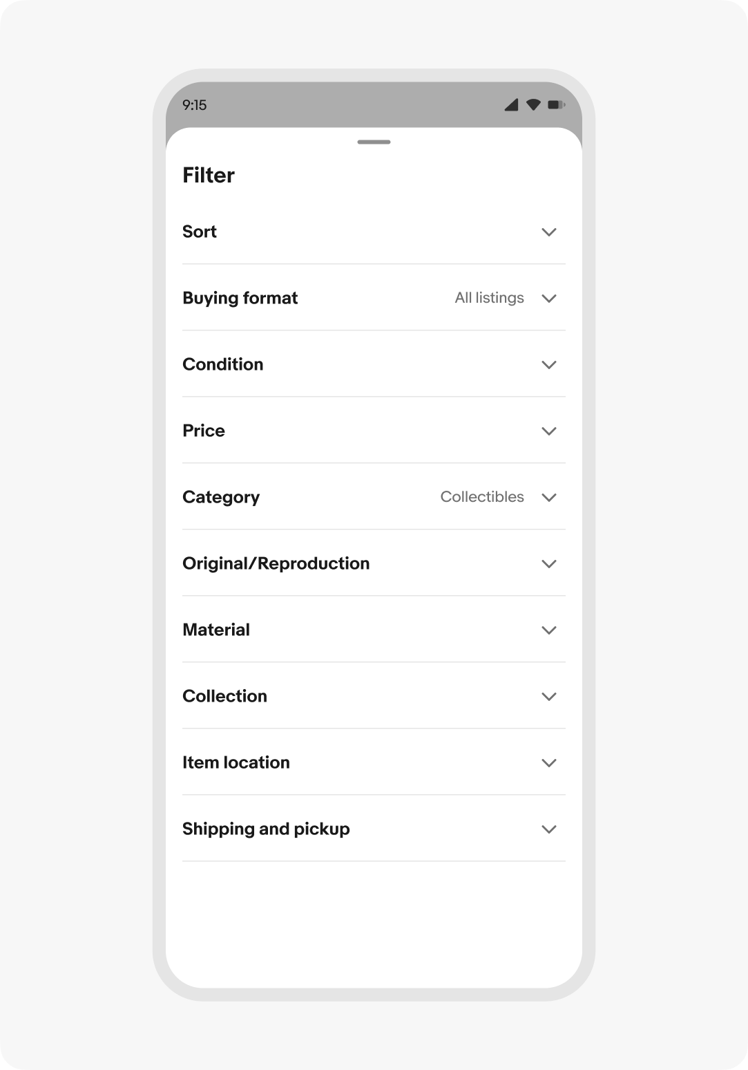 Example of a context sheet scrolled open to full height. The sheet contains filters for a list.