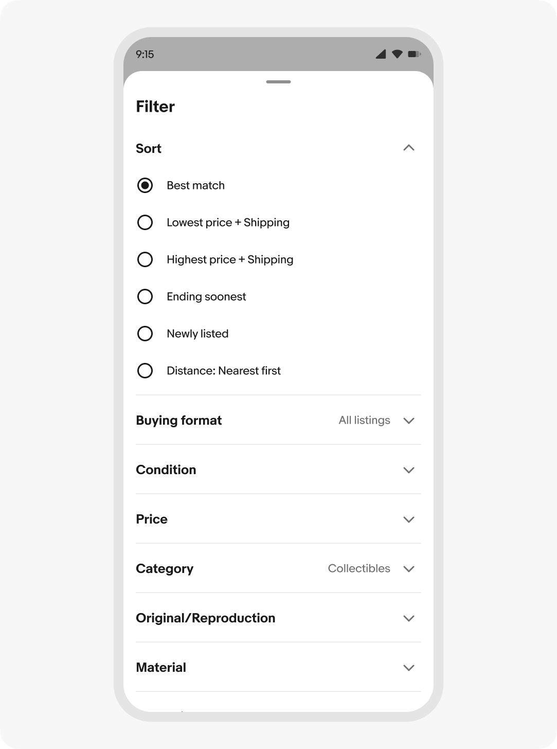 Example of a context sheet scrolled open to full height on a compact screen. The sheet contains filters for a list.