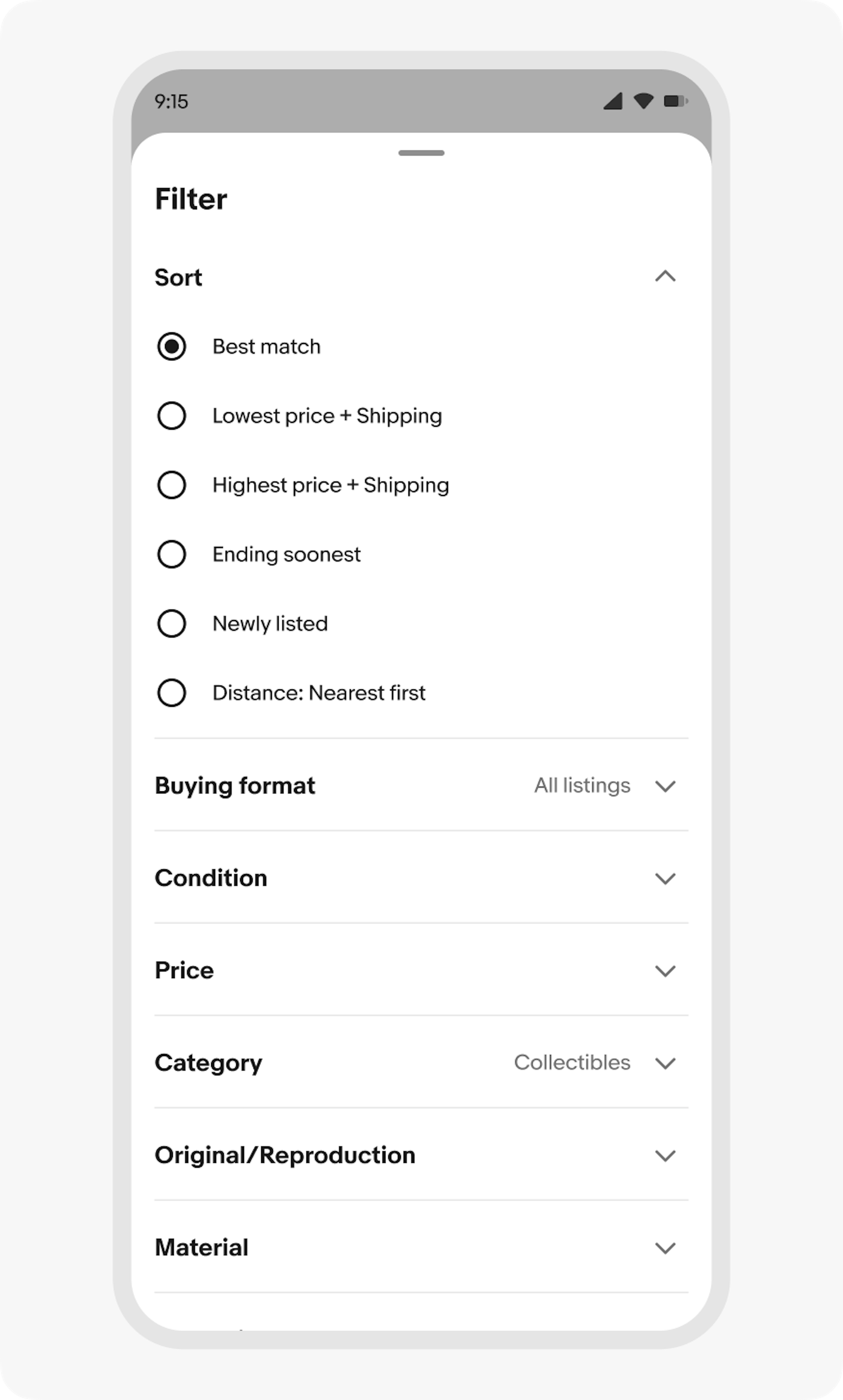 Example of a context sheet scrolled open to full height on a compact screen correctly using accordions to disclose values to reduce the need for navigating between screens within the sheet