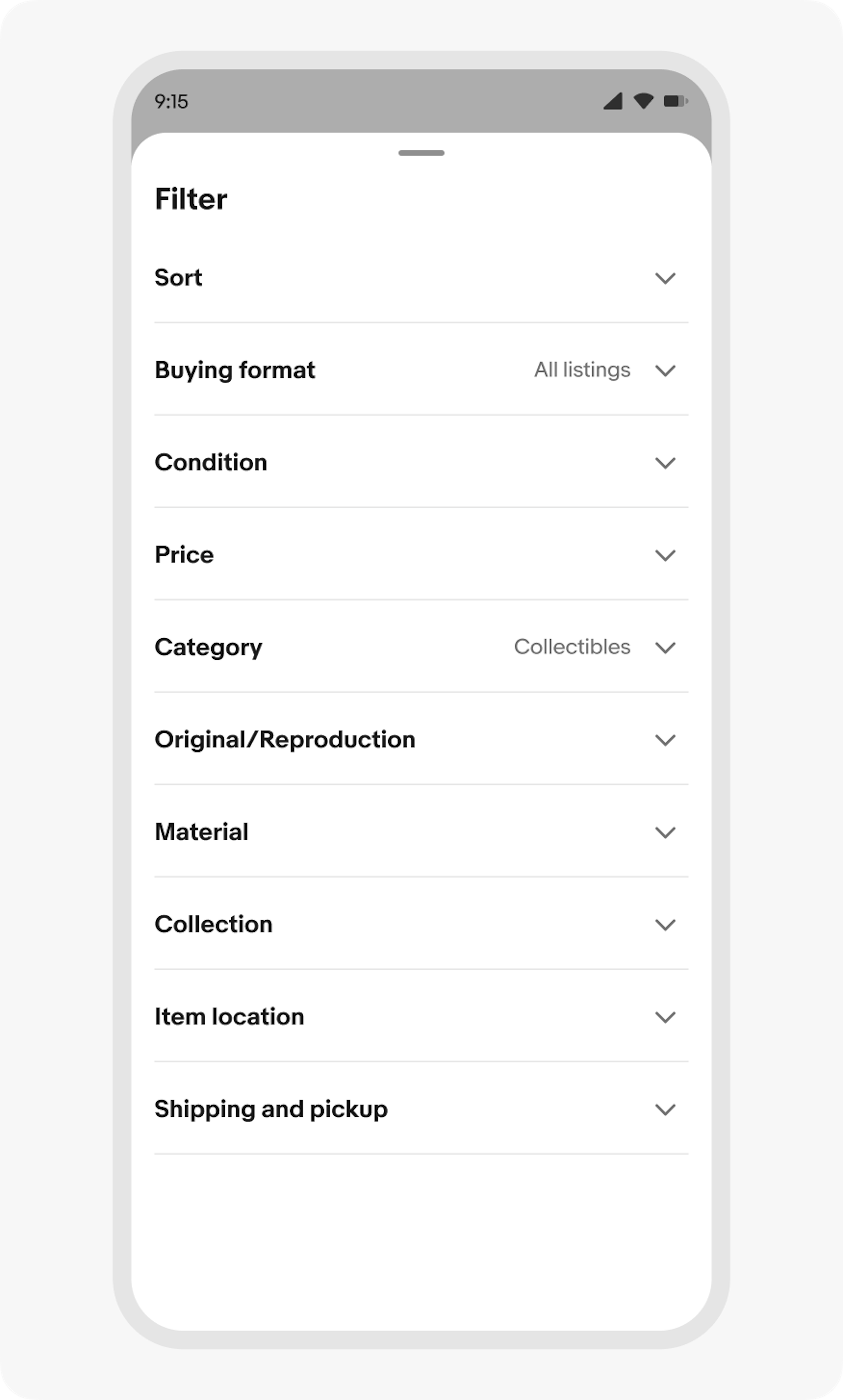 Example of a context sheet scrolled open to full height on a compact screen. The sheet contains filters for a list.