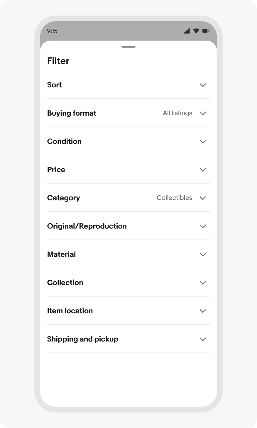 Example of a context sheet scrolled open to full height on a compact screen. The sheet contains filters for a list.