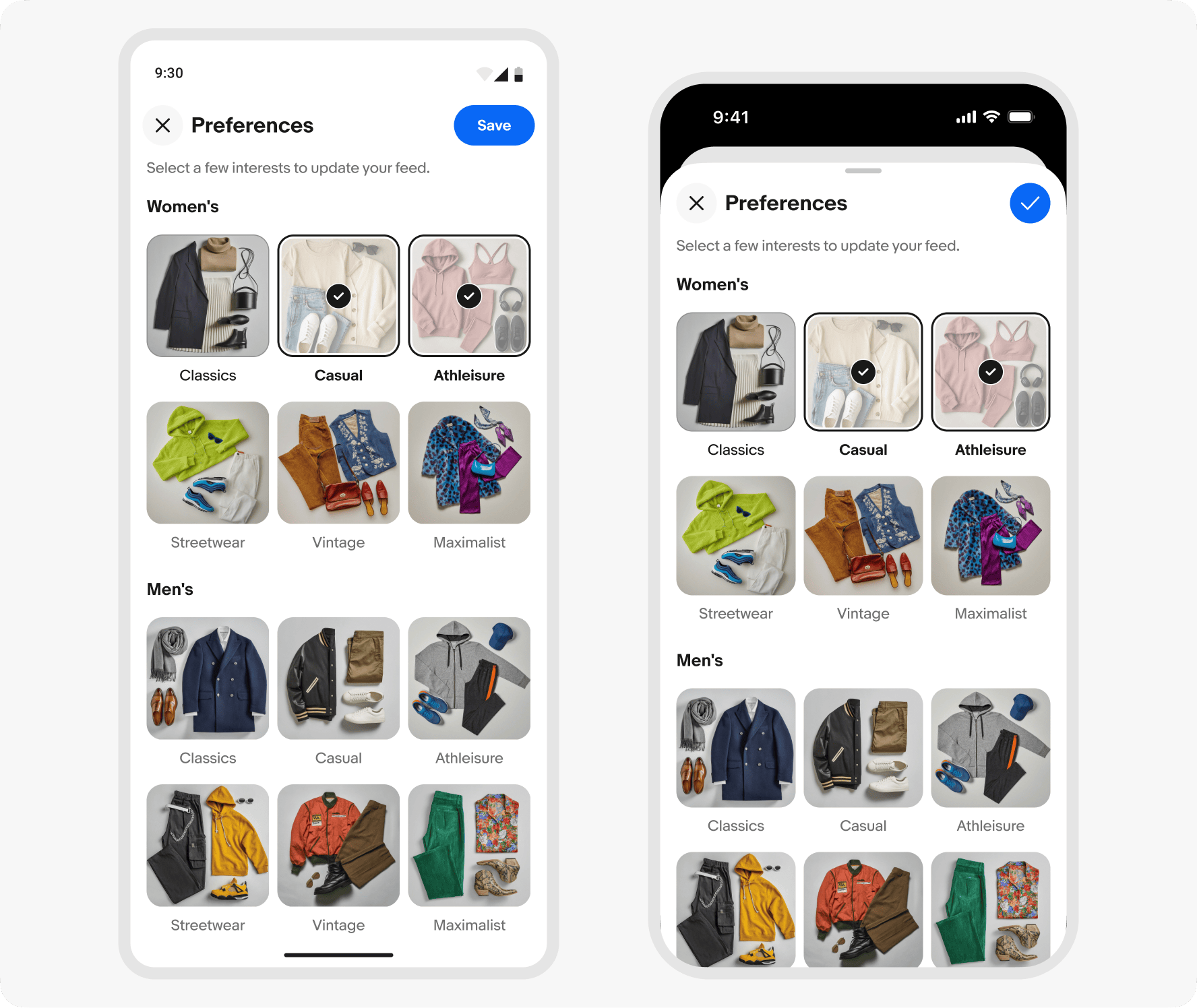 Two mobile designs. Left: A focus sheet open on Android. Right: A focus sheet open on iOS.
