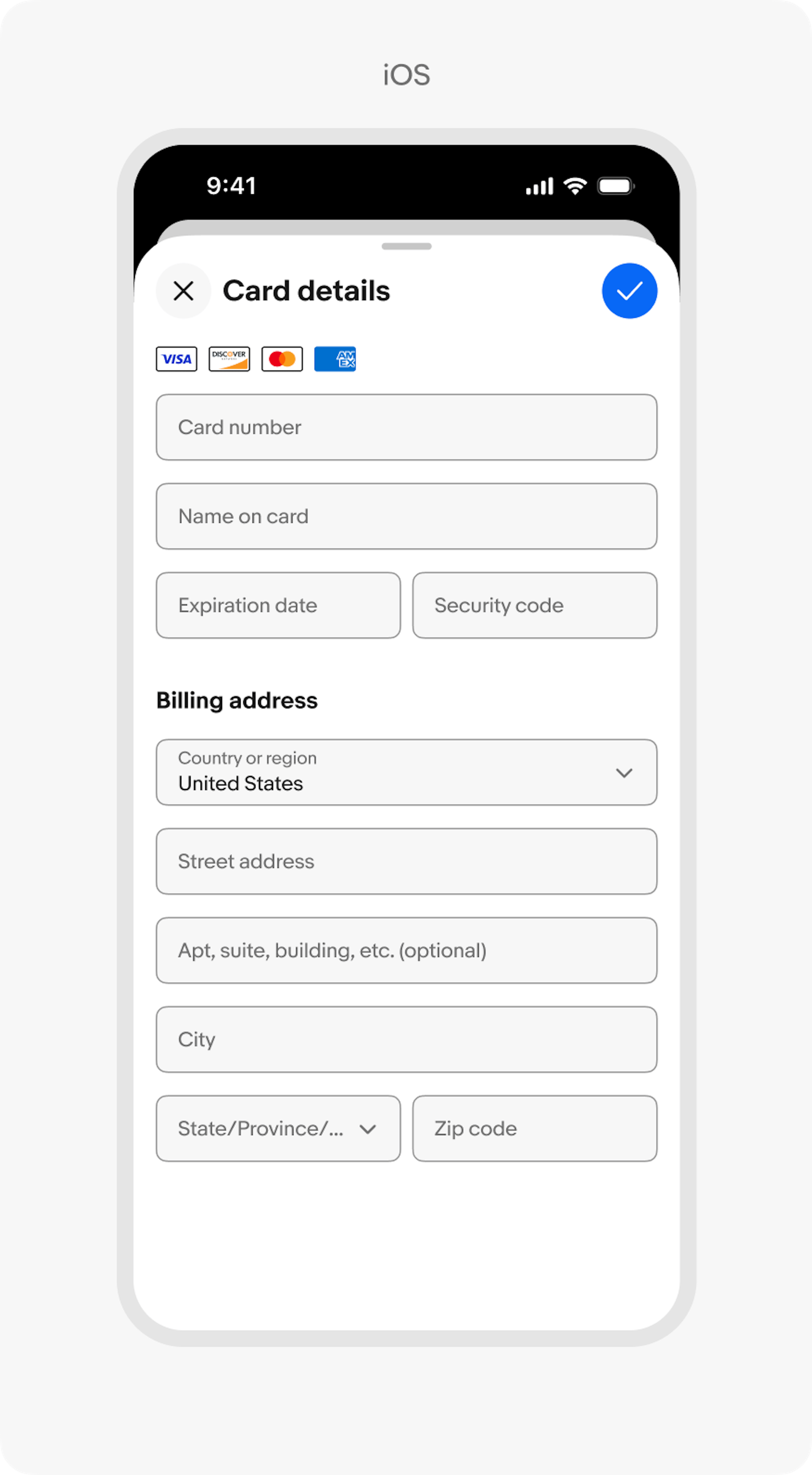 A mobile iOS screen with an open focus sheet featuring a form to enter credit card details.