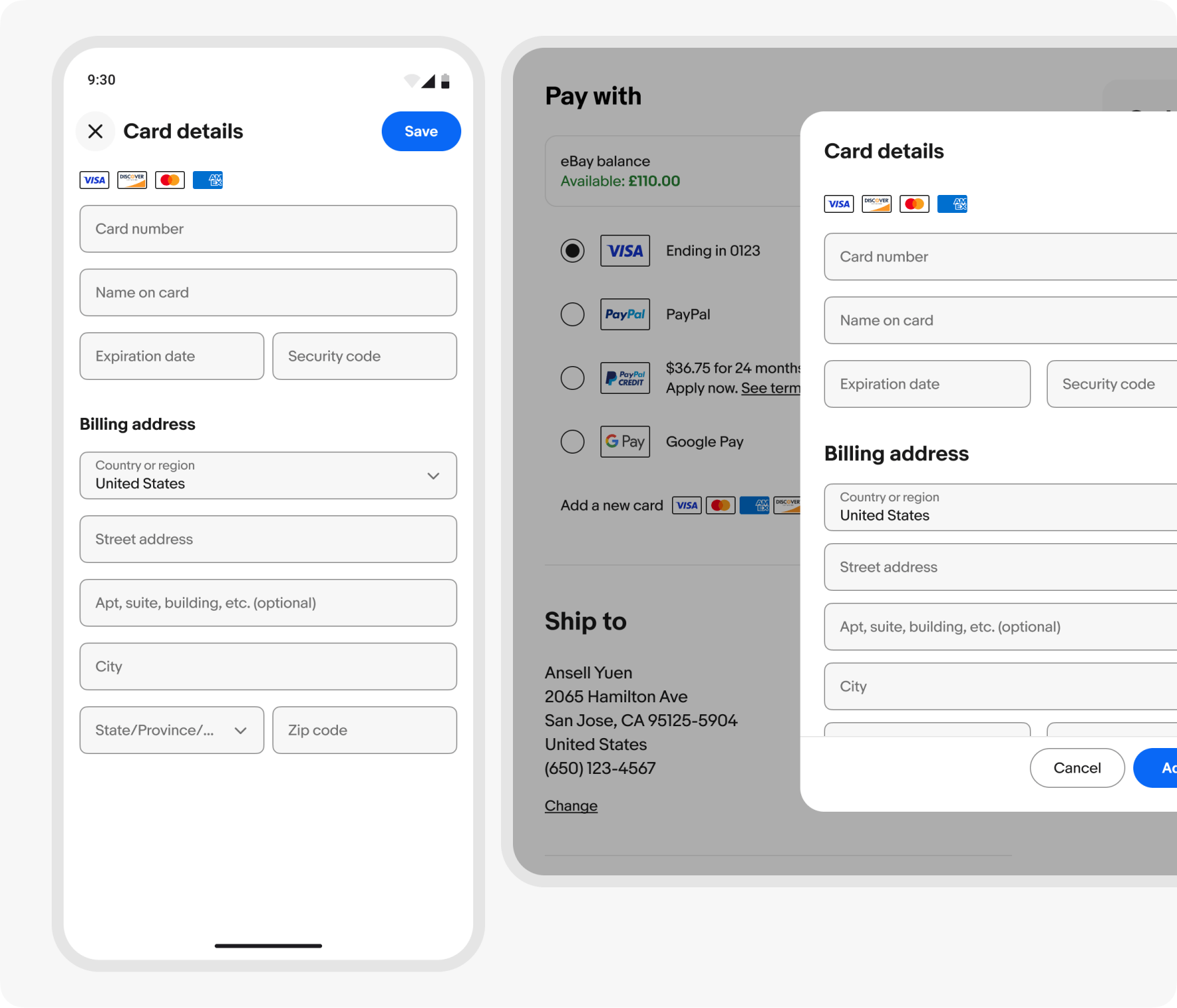 Two examples: A mobile and a tablet screen. The mobile example shows the focus sheet covering the entire screen. The tablet example shows how the focus sheet transitions to a centered modal.