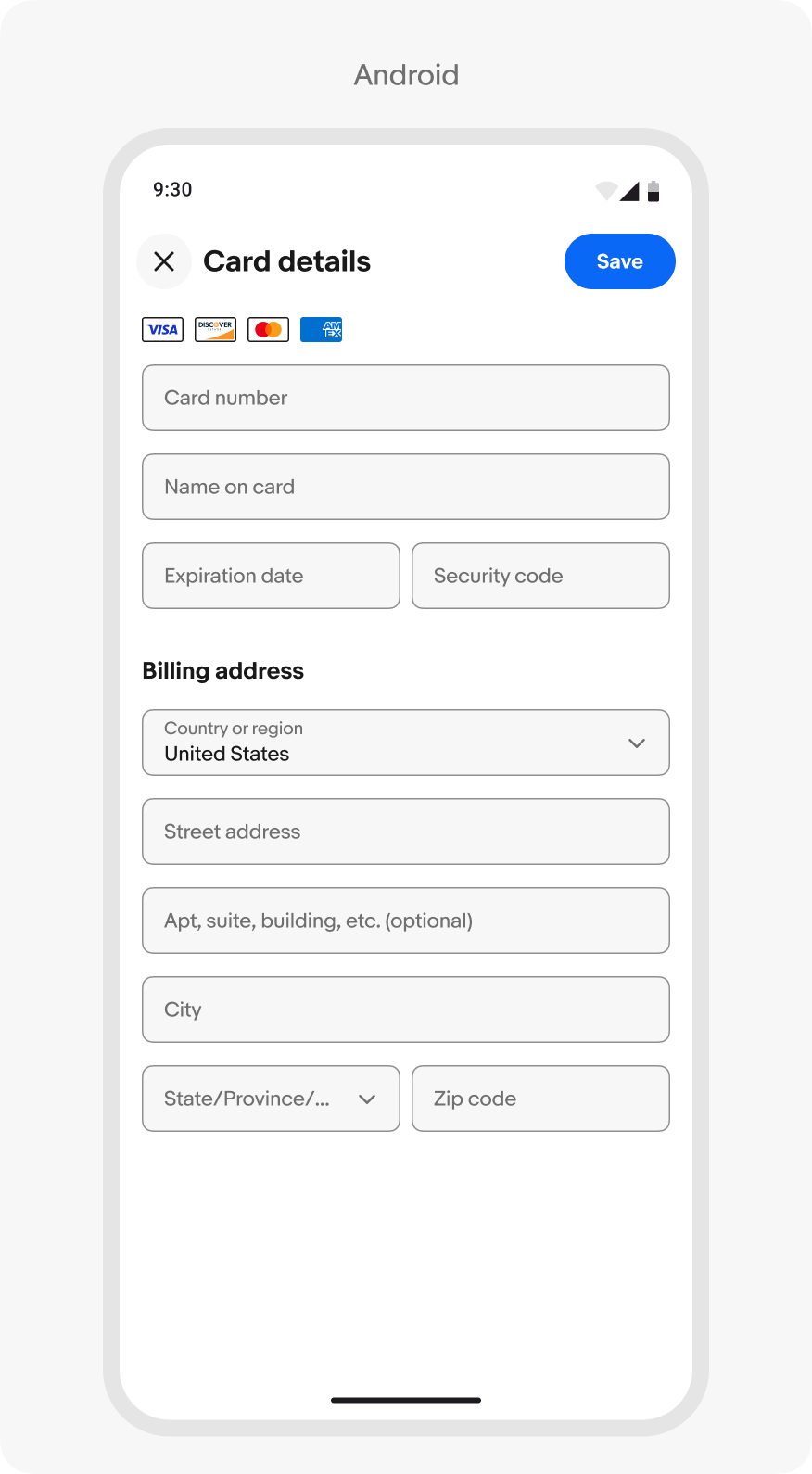 A mobile Android screen with an open focus sheet featuring a form to enter credit card details.