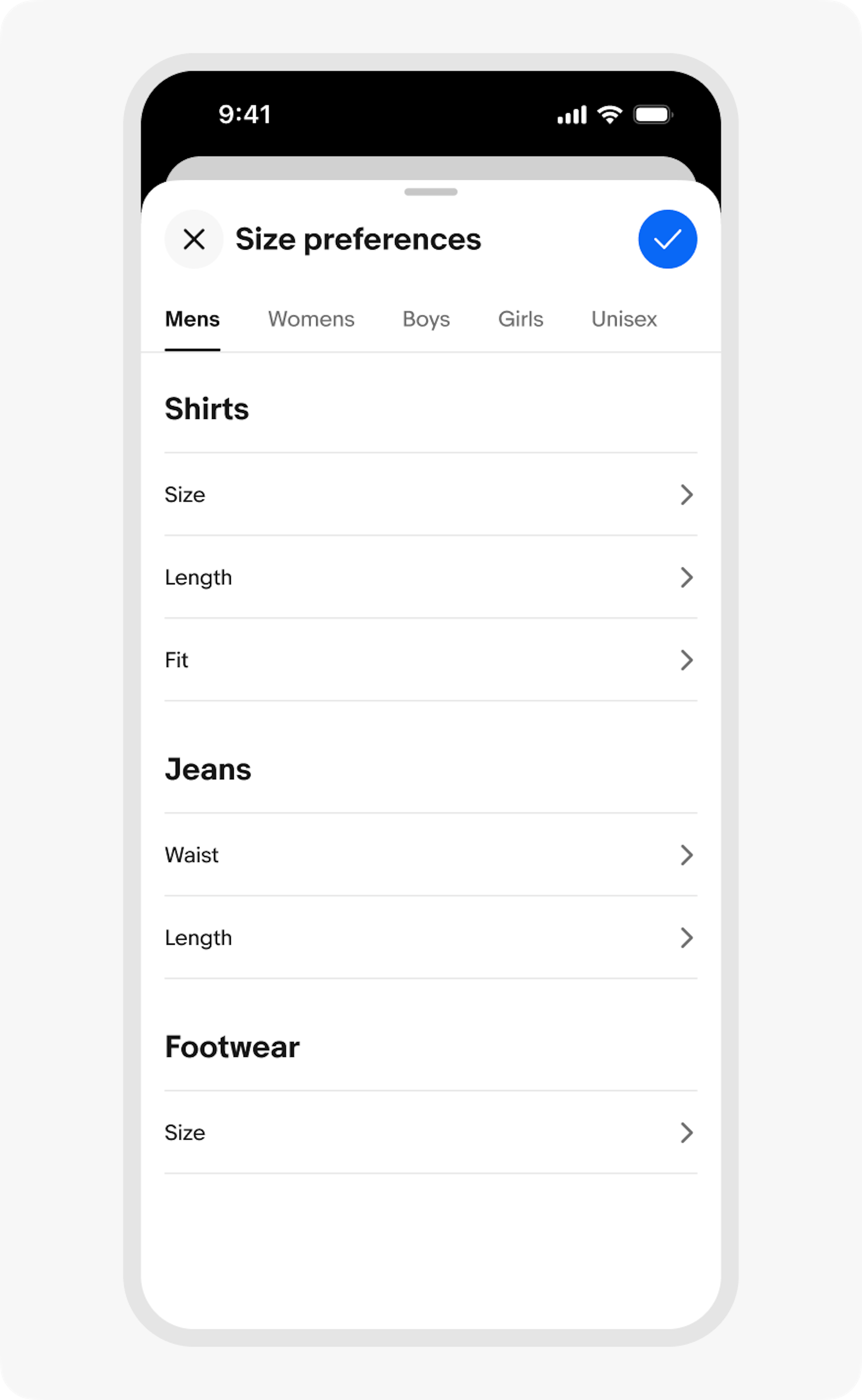 A mobile focus sheet with a single push to a detail screen, implying a flatter navigation structure.