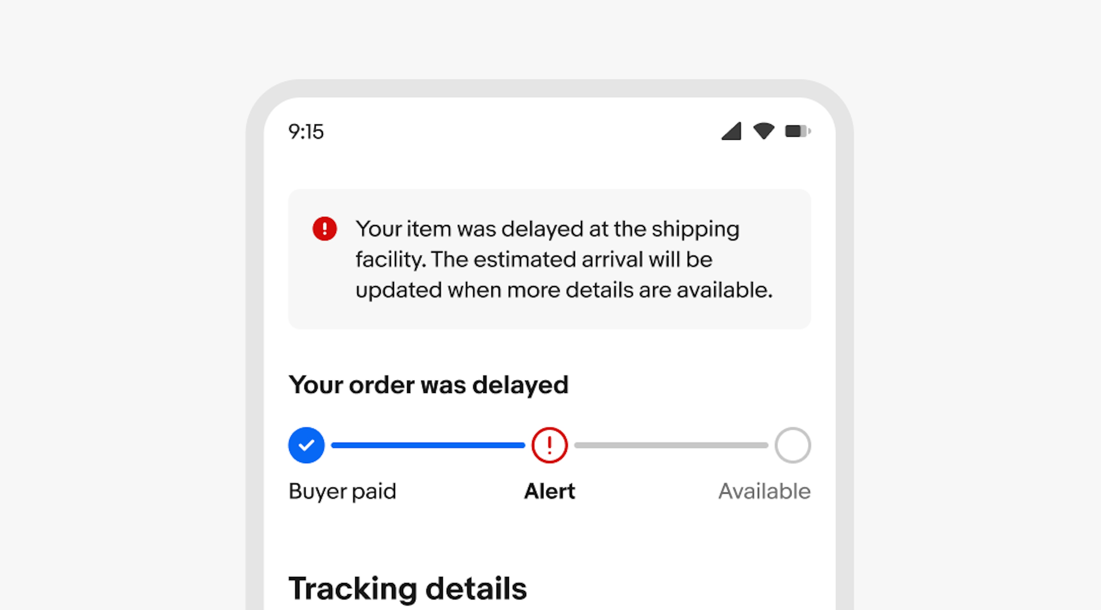 An example showing progress stepper component with three steps each with a different state: buyer paid, alert, available