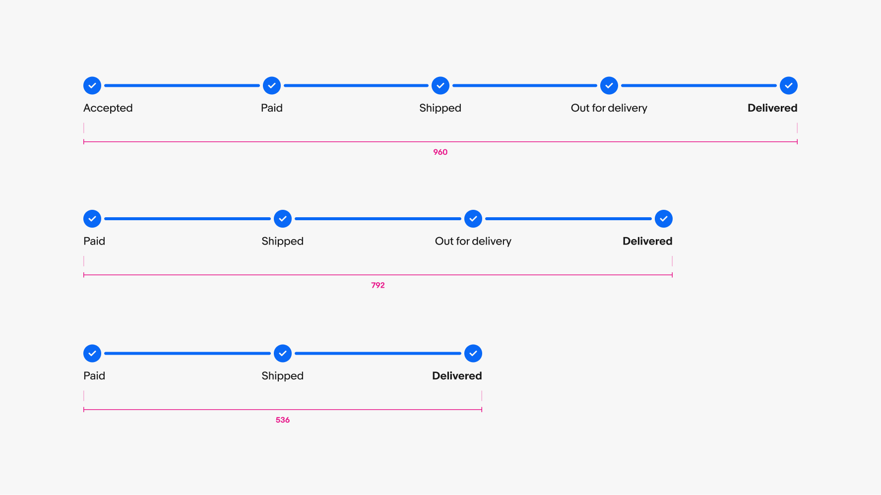 Three horizontal progress steppers with different widths. A progress stepper with an overall width of 536px, and individual stepper widths of 140px for the first and last step and 256px for the middle step sits below a progress stepper with an overall width of 792px. The individual stepper widths are 140px for the first and last step, and 256px for the middle steps as well. That sits below a progress stepper with an overall width of 960px.