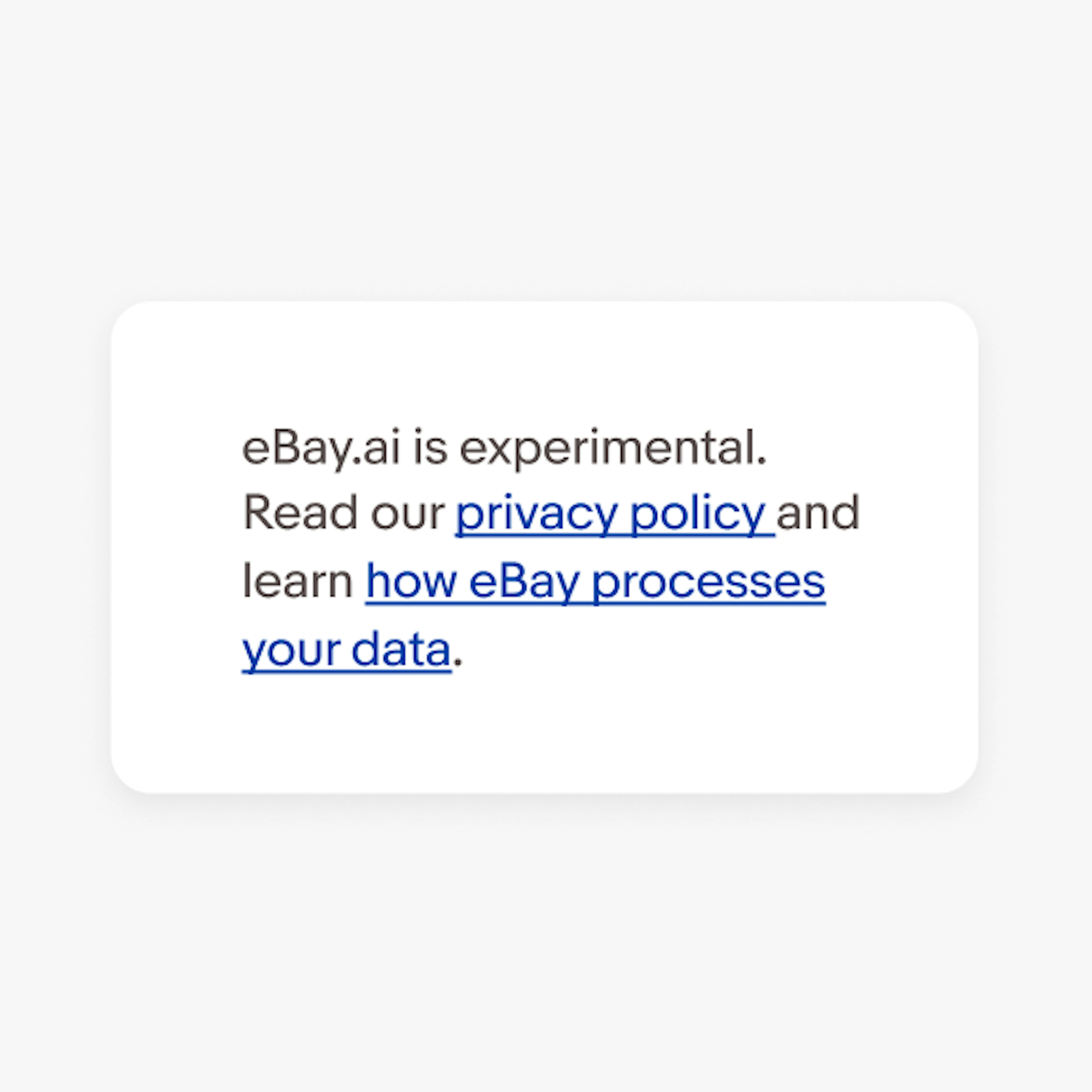Example of a disclaimer that says, “eBay.ai is experimental. Read our privacy policy and learn how eBay processes your data.” Both “Privacy policy” and “how eBay processes your data” are underlined in dark blue text. 