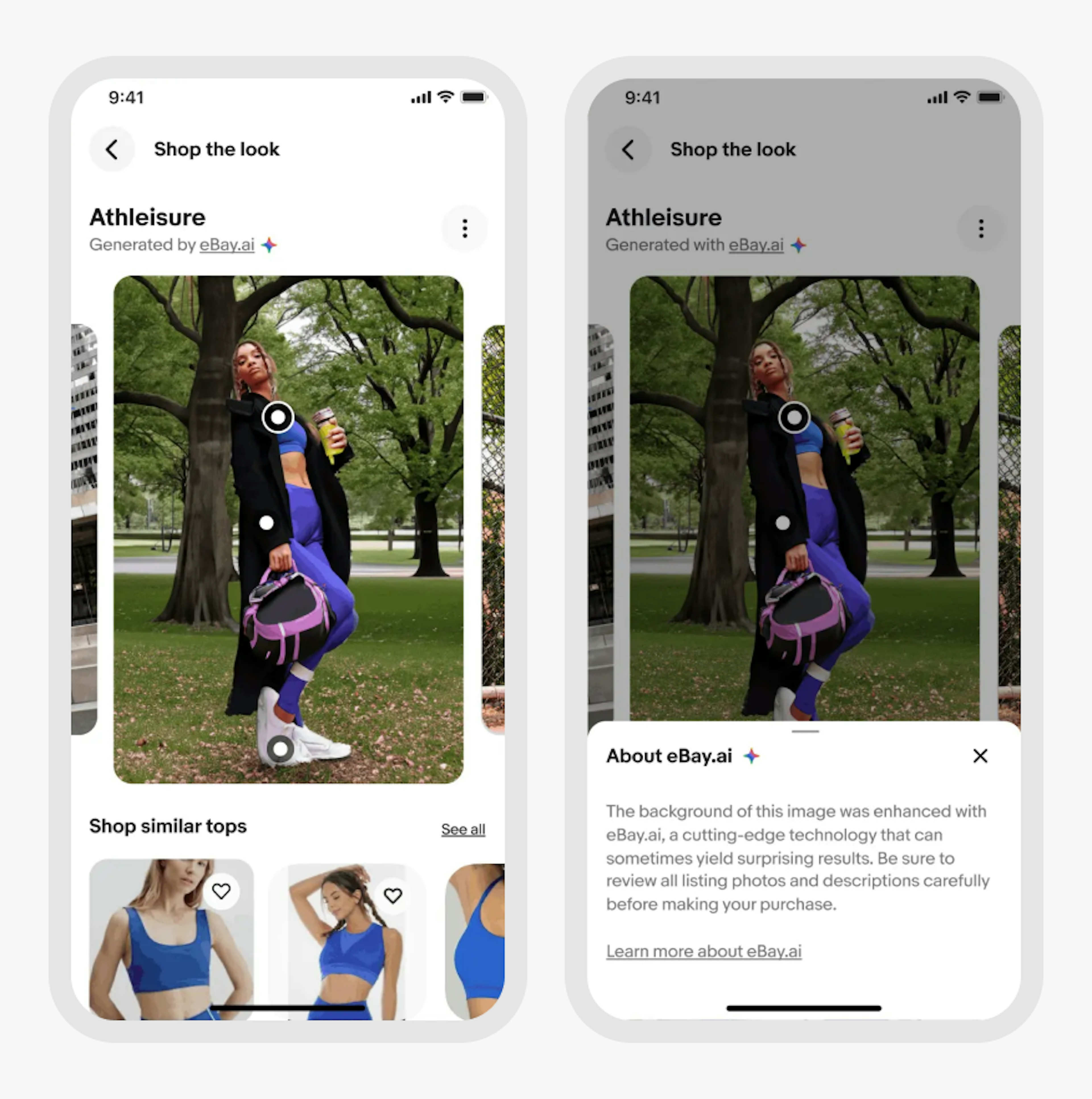Two mobile “Shop the look” screens. The first shows an “Athleisure” heading, “Generated by eBay.ai” subtext with underlined “eBay.ai” and a full spectrum icon, and a tappable photo of a woman wearing athleisure clothing. The second shows the same screen with a bottom sheet open. The bottom sheet is titled “About eBay.ai” with a full spectrum icon and contains the text: “The background of this image was enhanced with eBay.ai, a cutting-edge technology that can sometimes yield surprising results. Be sure to review all listing photos and descriptions carefully before making your purchase.” A link below reads “Learn more about eBay.ai.”