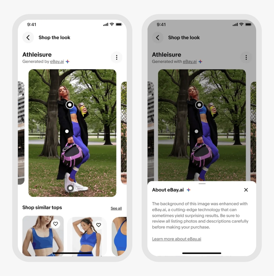 Two mobile “Shop the look” screens. The first shows an “Athleisure” heading, “Generated by eBay.ai” subtext with underlined “eBay.ai” and a full spectrum icon, and a tappable photo of a woman wearing athleisure clothing. The second shows the same screen with a bottom sheet open. The bottom sheet is titled “About eBay.ai” with a full spectrum icon and contains the text: “The background of this image was enhanced with eBay.ai, a cutting-edge technology that can sometimes yield surprising results. Be sure to review all listing photos and descriptions carefully before making your purchase.” A link below reads “Learn more about eBay.ai.”