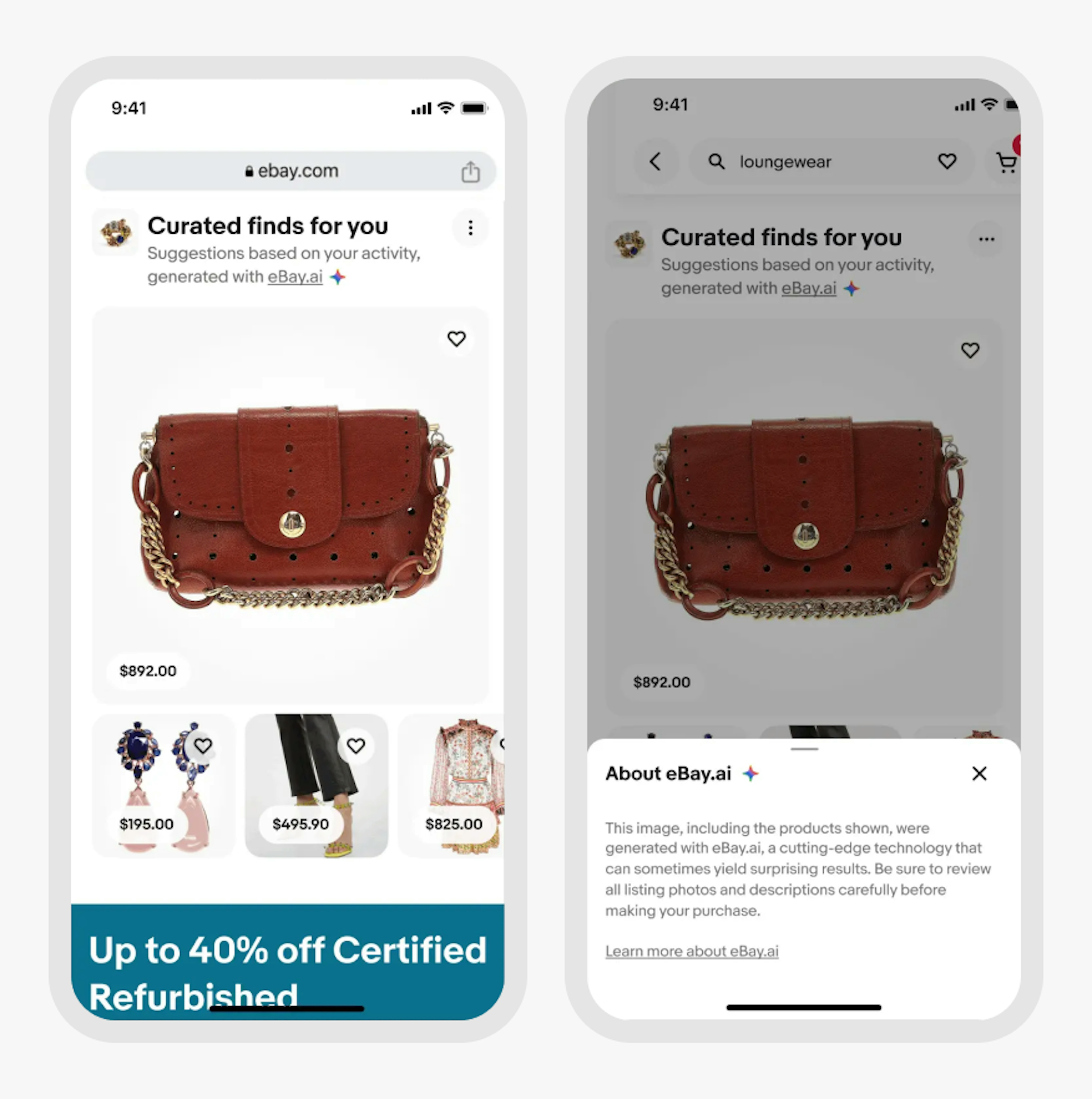 Two mobile Curated collections screens. The first shows a “Curated finds for you” heading, “Suggestions based on your activity, generated with eBay.ai” subtext with underlined “eBay.ai” and a full spectrum icon, and some product item tiles. The second shows the same screen with a bottom sheet open. The bottom sheet is titled “About eBay.ai” with a full spectrum icon and contains the text: “This image including the products shown, were generated with eBay.ai, a cutting-edge technology that can sometimes yield surprising results. Be sure to review all listing photos and descriptions carefully before making your purchase.” A link below reads “Learn more about eBay.ai.”