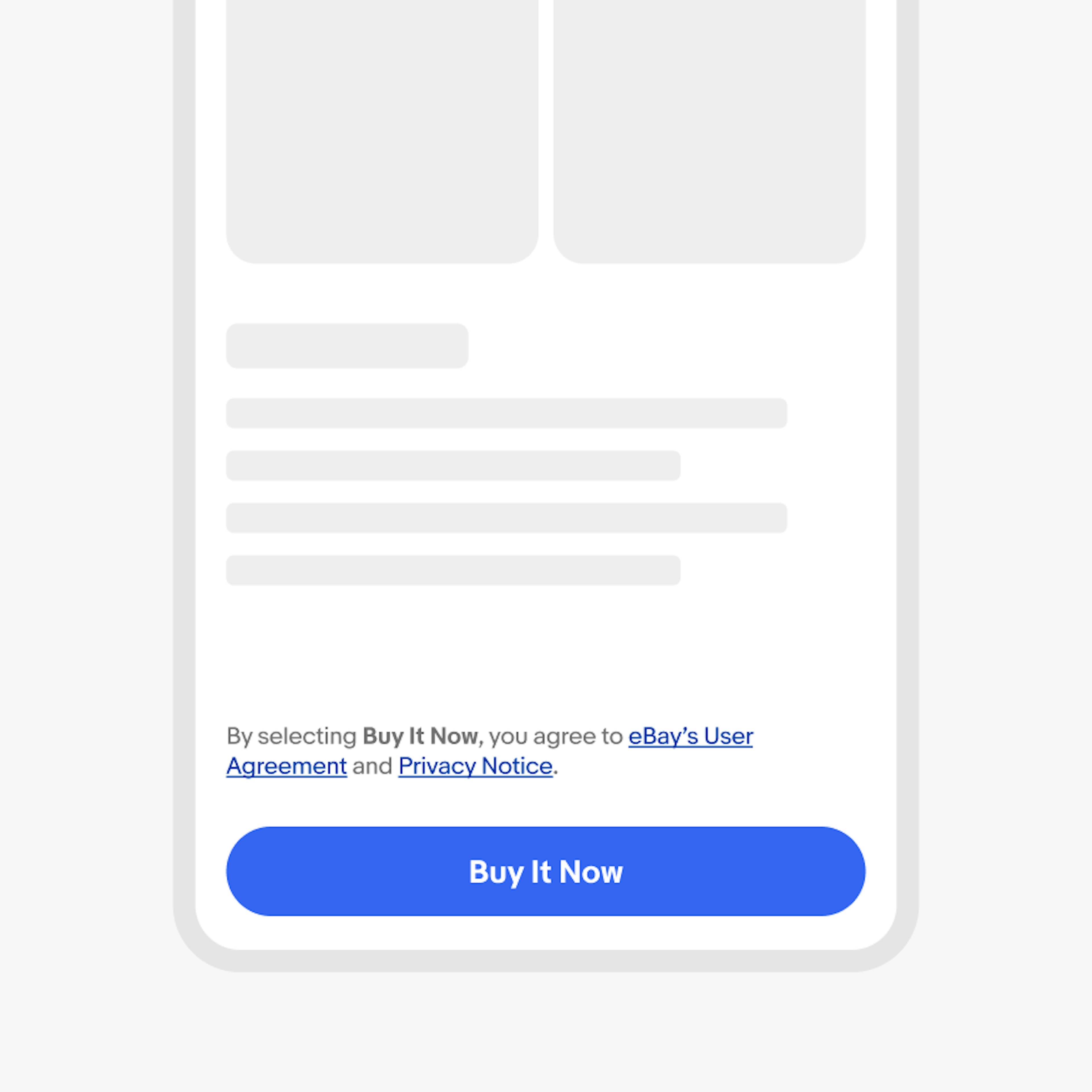 Legal content with “Buy It Now” bolded and blue underlined links. The copy sits above a CTA button with “Buy It Now” inside.
