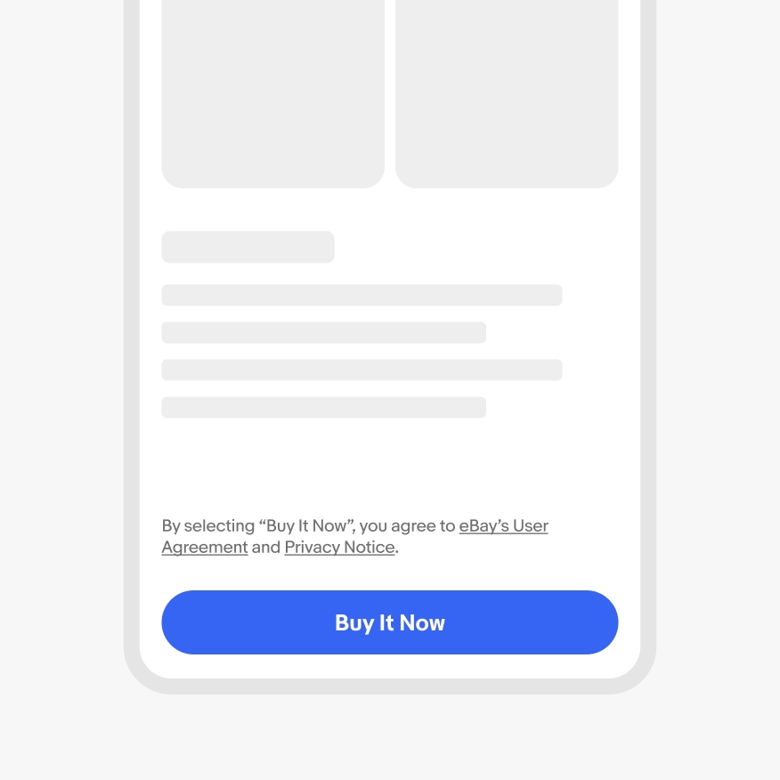Legal content with “Buy It Now” in quotations and gray underlined links. The copy sits above a CTA button with “Buy It Now” inside.
