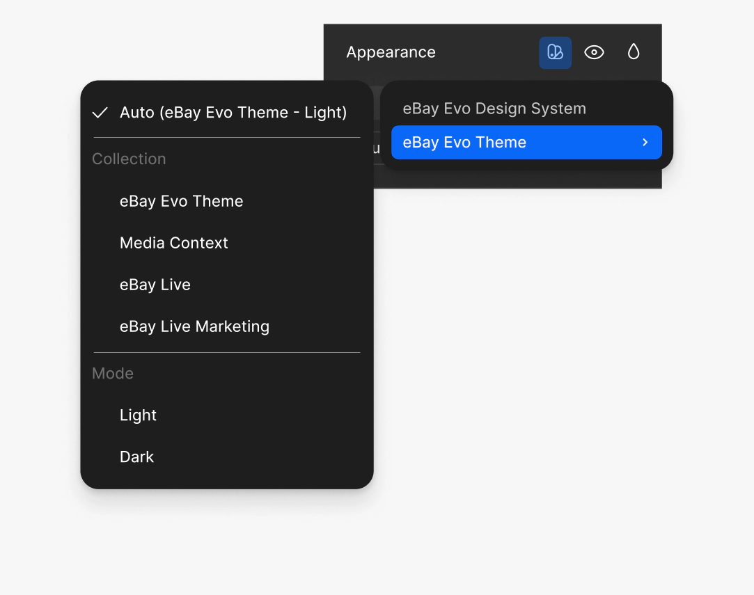 The ‘Change variable mode’ is selected in Figma showing a dropdown menu of ‘Color theme’ going to a menu of the different themes. The collections are listed as eBay Evo Theme, Media Context, eBay Live and eBay Live Marketing. The modes shown are Light and Dark.