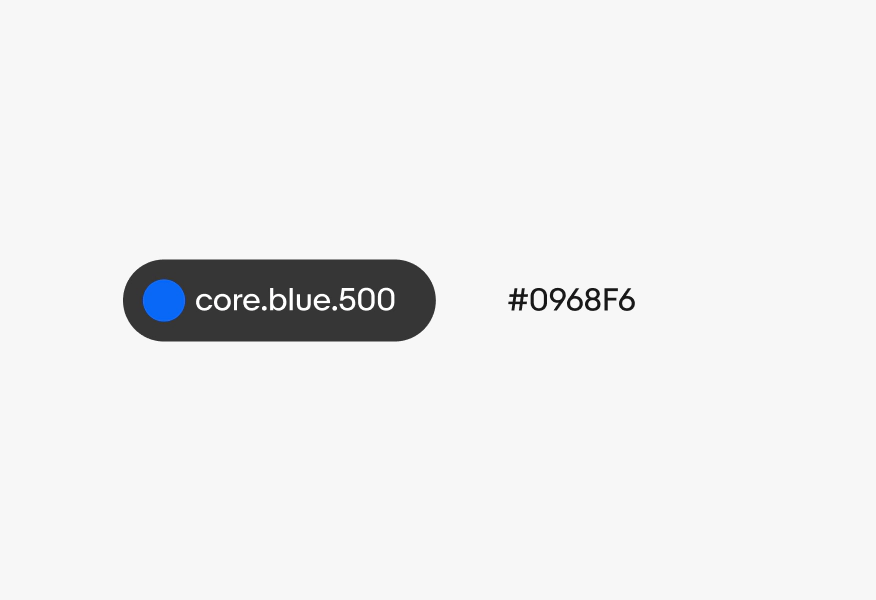 A core token of “core.blue.500 and a hex value of #0968F6